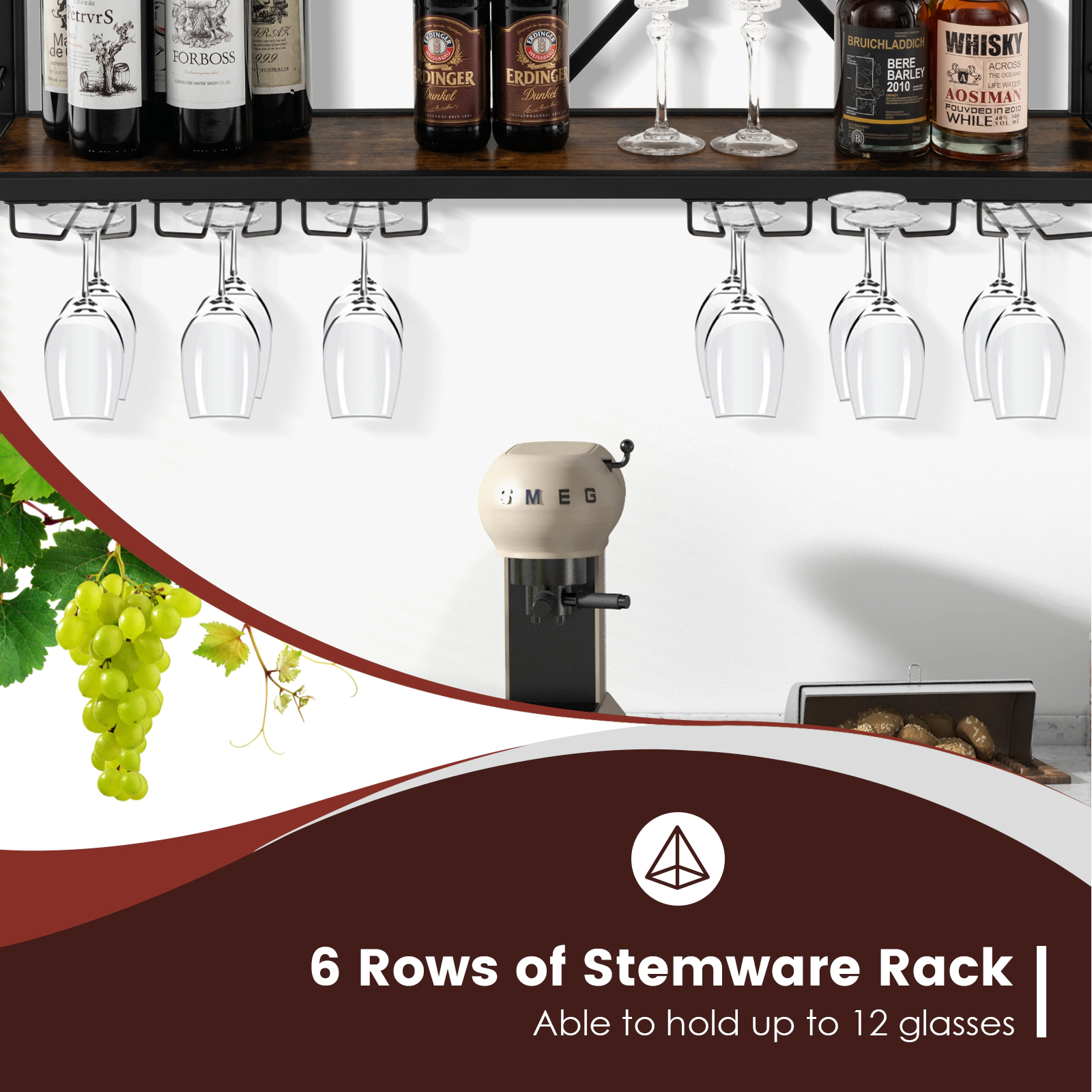 SUGIFT 39.5-in Wall Mounted Wine Rack for 39 Bottles and 12 Glasses with Metal Bar Shelf and Stemware Holder