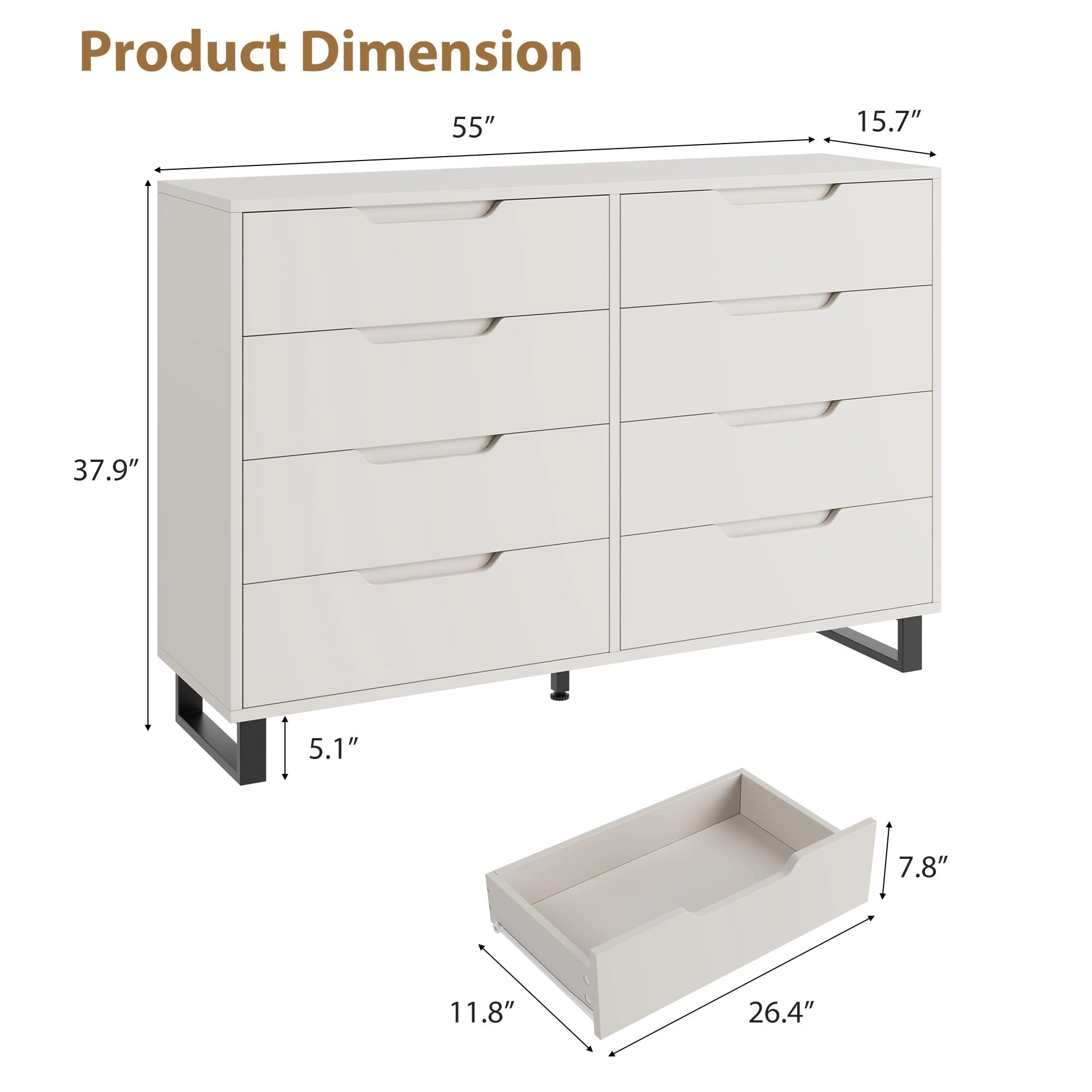 8 Drawer Dresser for Bedroom, 55" Wide Freestanding Storage Chest for Living Room or Hallway