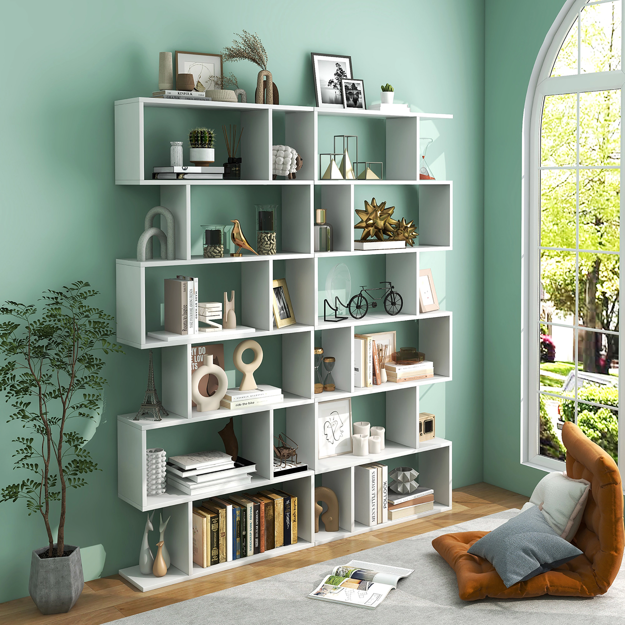Costway 2 PCS 6 Tier S-Shaped Bookshelf Storage Display Bookcase Z-Shelf White