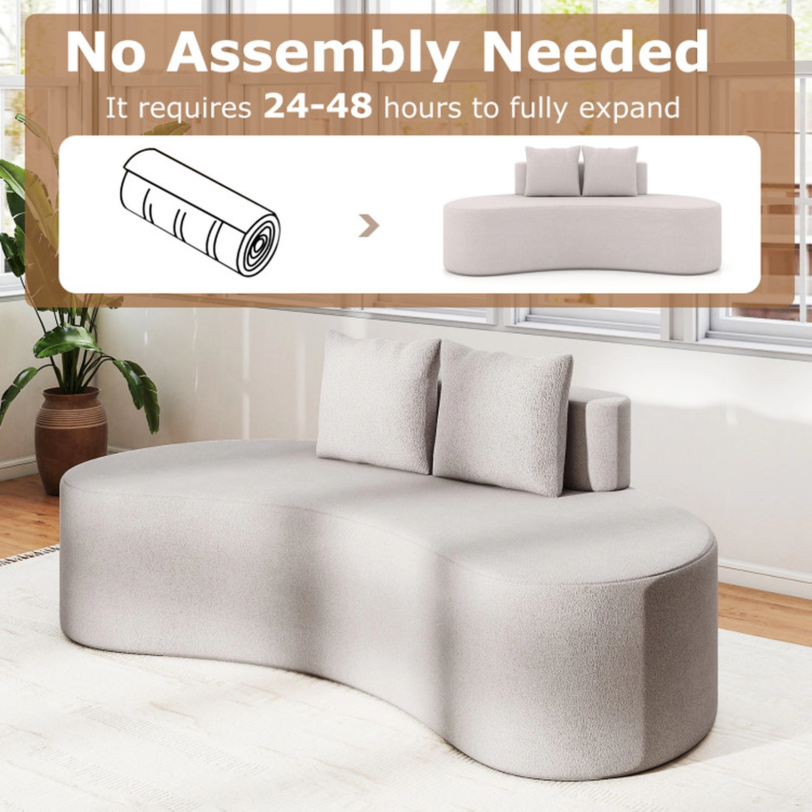 SUGIFT 78.5-Inch Curved Boneless 3-Seat Sofa, Beige/Grey, with Throw Pillows