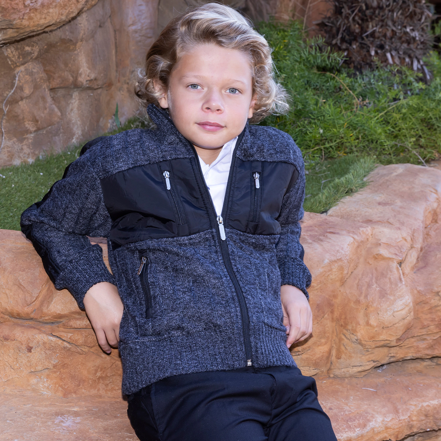 Gioberti Boy's Full Zip Cardigan Patch Design Sweater with Brushed Flannel Lining