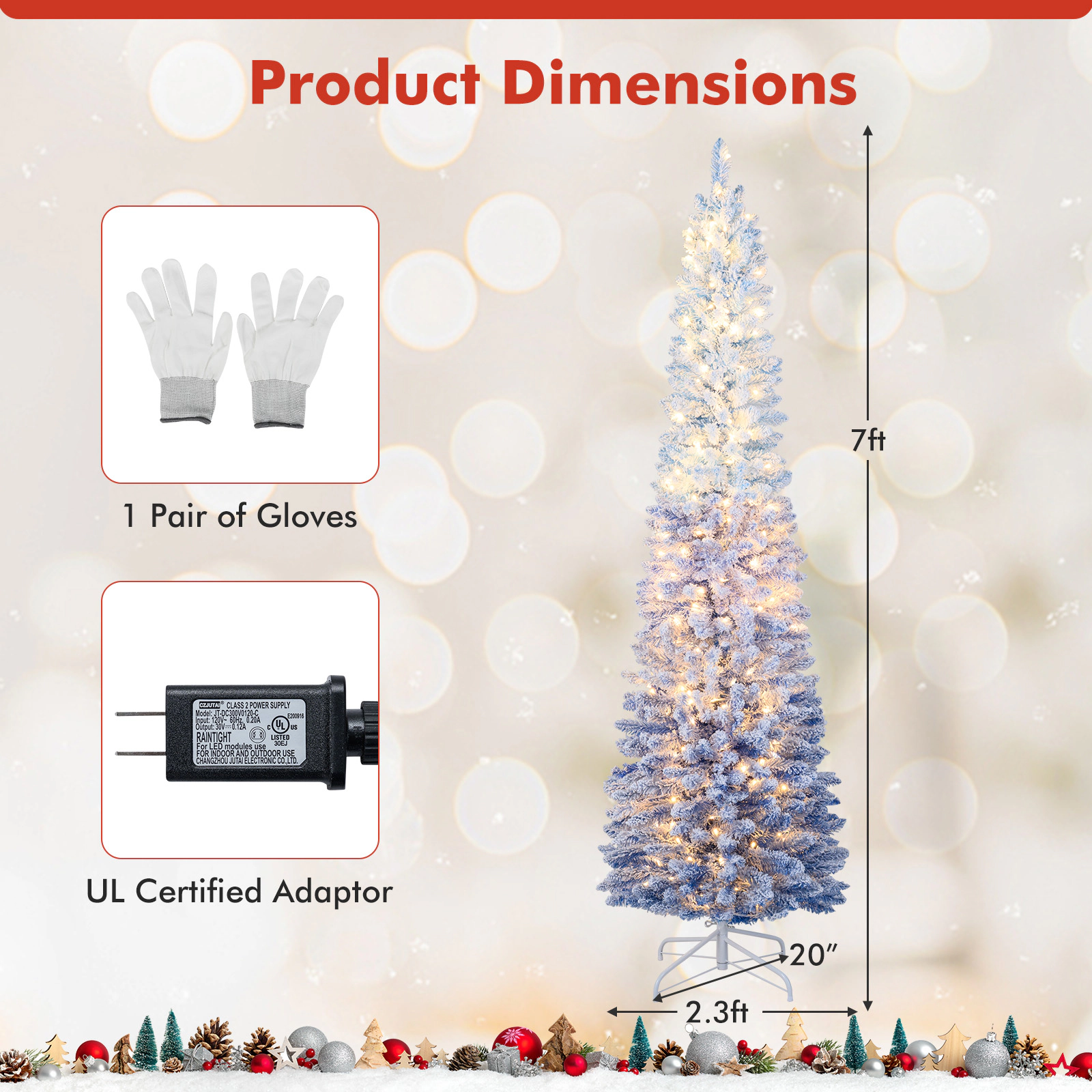 SUGIFT 7-ft Slim Snow Flocked Pre-Lit Christmas Tree Blue Gradient with 588 Tips and 290 LED Lights