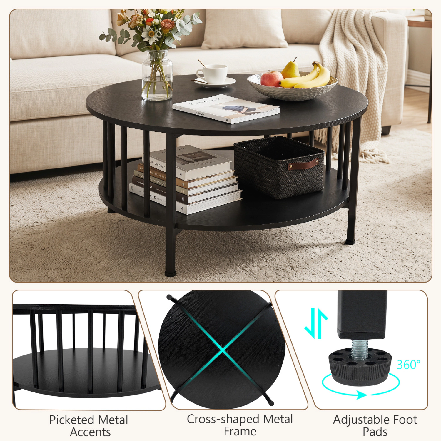 Glintex 2-Tier 32.5-Inch Round Coffee Table with Picket Metal Shelf Rails