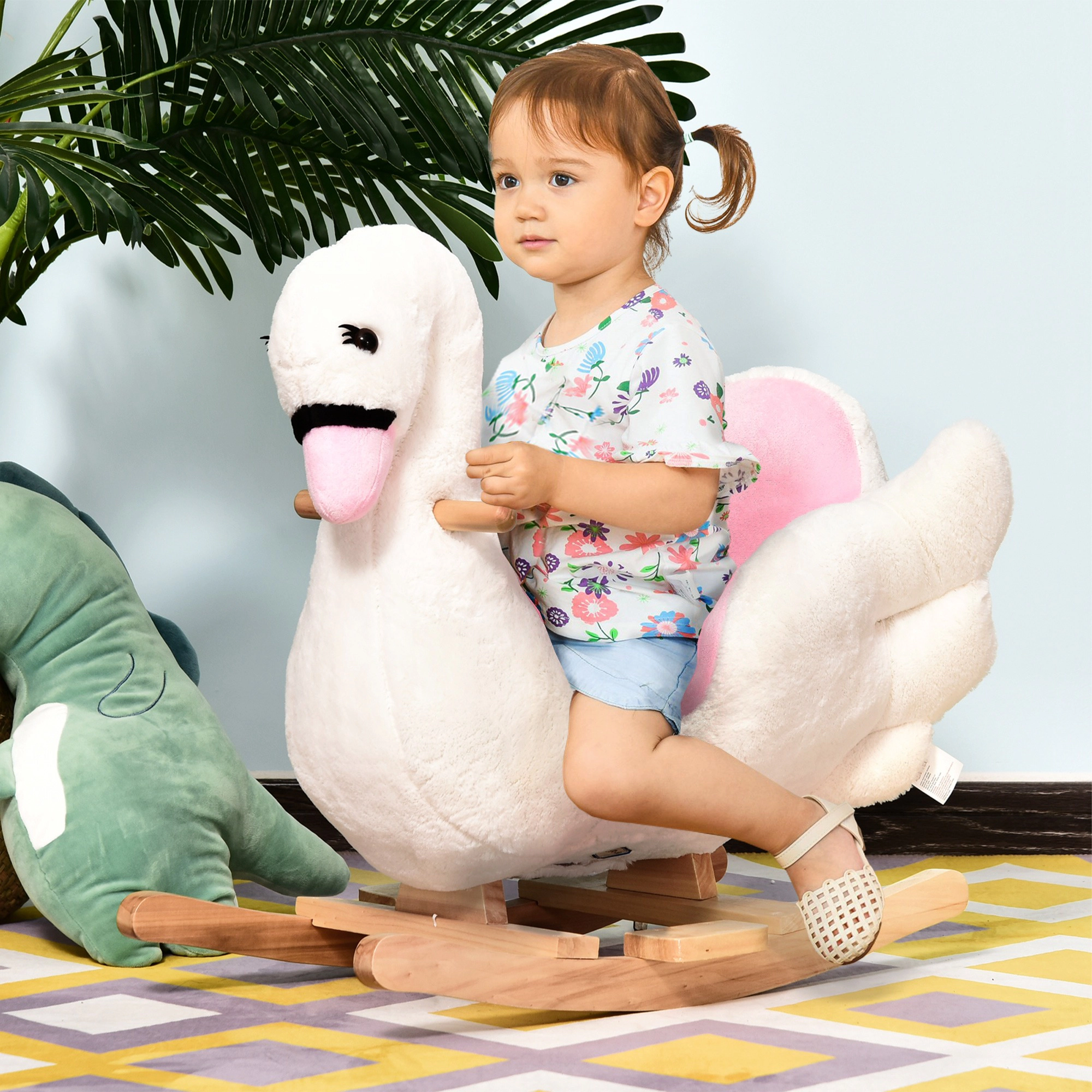 HONGGE Plush Swan Rocking Chair with Sing-Along Music, Wood Base and Safety Handles for Toddlers 18 Months+, Pink