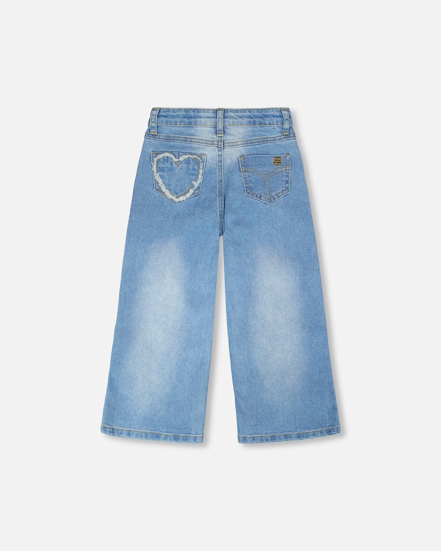 Deux par Deux Girls Wide Leg Denim Jeans with Heart Embroidery