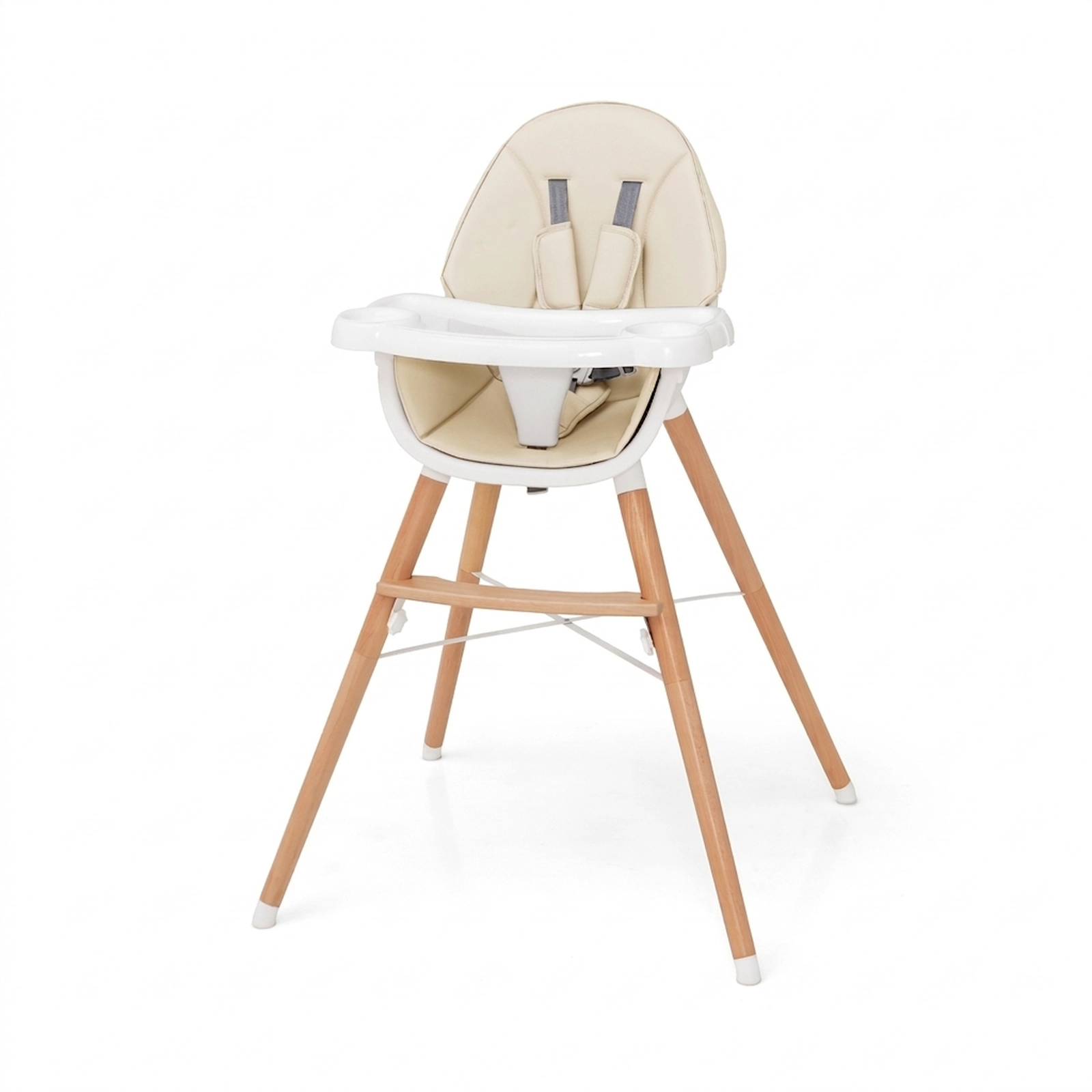 SUGIFT Beige 4-Level Adjustable Dishwasher Safe Tray and Beech Wood Legs Baby High Chair