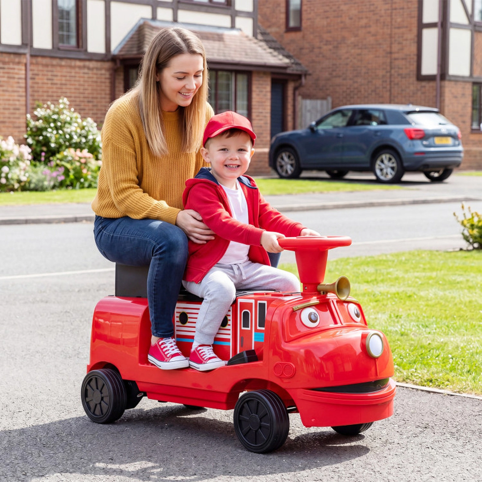 SUGIFT 12V 3-Seater Ride-On Train with Detachable Carriage 132-lb Seat Capacity Ages 3+ Yellow & Blue/Red & Black