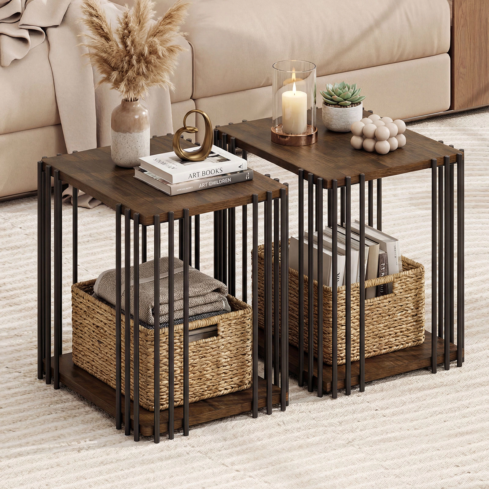 LJG Rubber Wood Side Table Set of 2 with 2-Layer Storage Shelves and Metal Frame