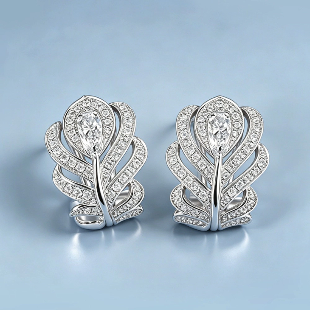 Wardrobe Whimsy Feather Hoop Earrings Paved Cubic Zirconia Elegant Drop Earrings for Women