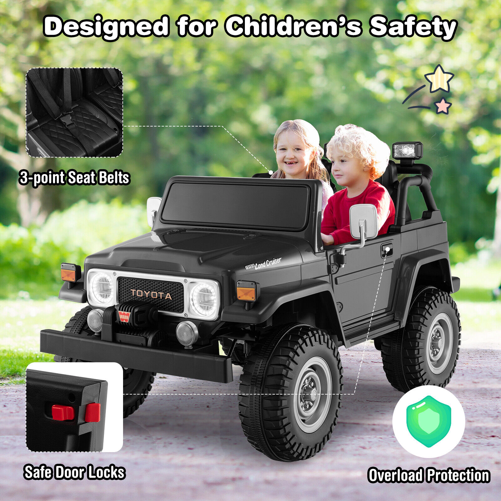 Costway 2 Seater Ride On Truck Car 12V Licensed Toyota FJ40 RC w/ Laser Light & Music Black