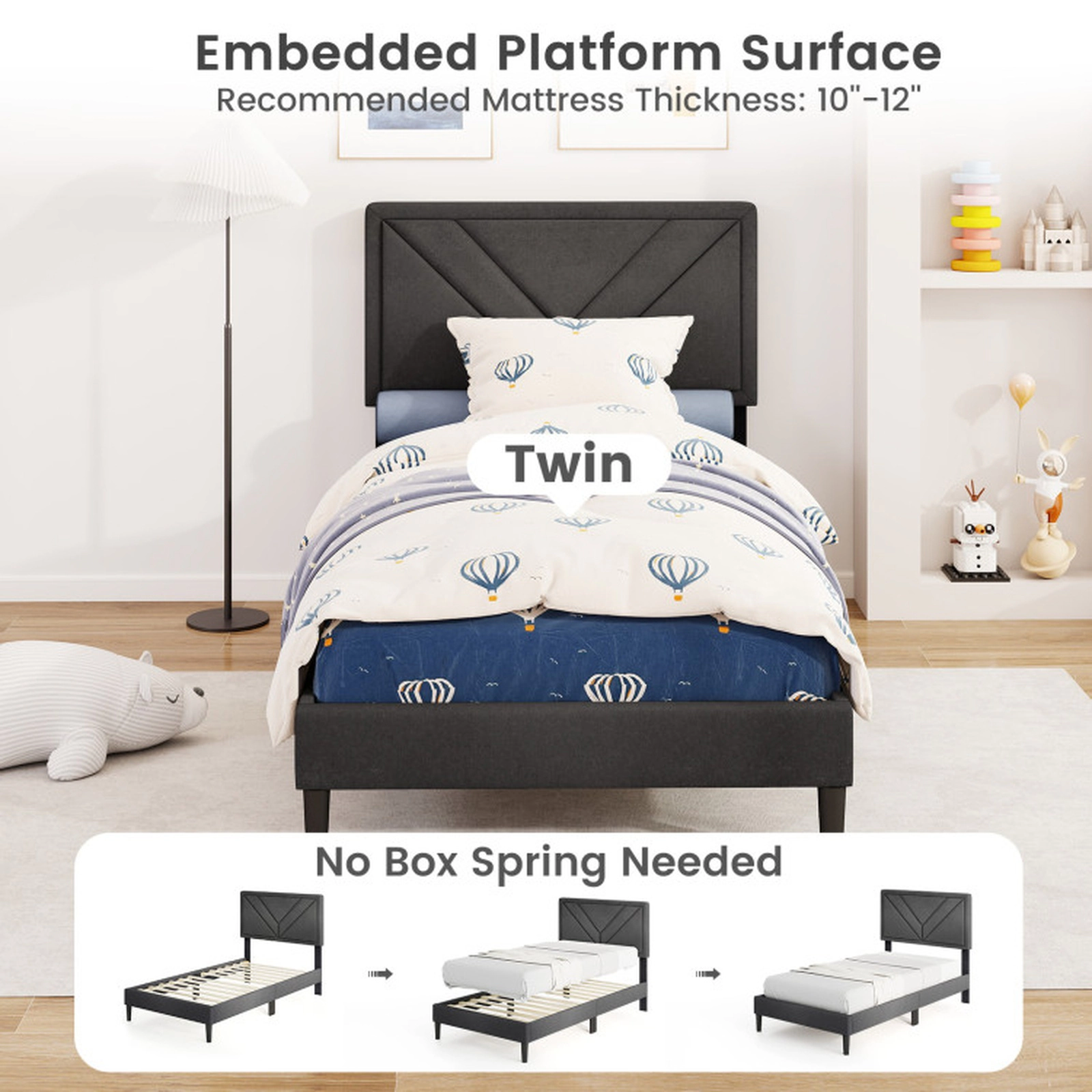 SUGIFT Twin Size Gray Upholstered Platform Bed Frame with Tufted Headboard and Wooden Slats 375-lb Slats
