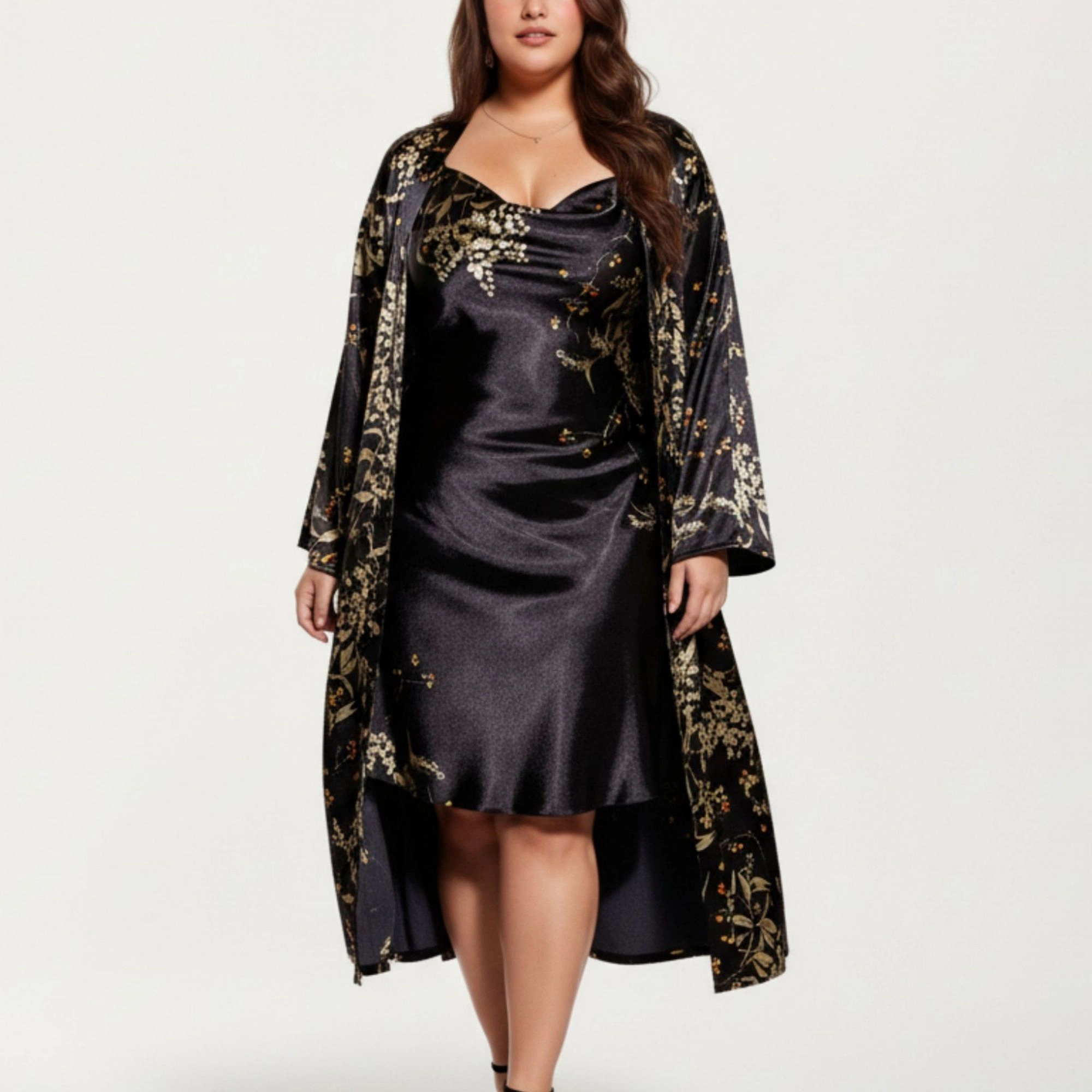 Anna-Kaci Women's Satin Slip Dress and Long Robe Set Floral Pattern Draped Neckline Elegant Flowing Layered Design