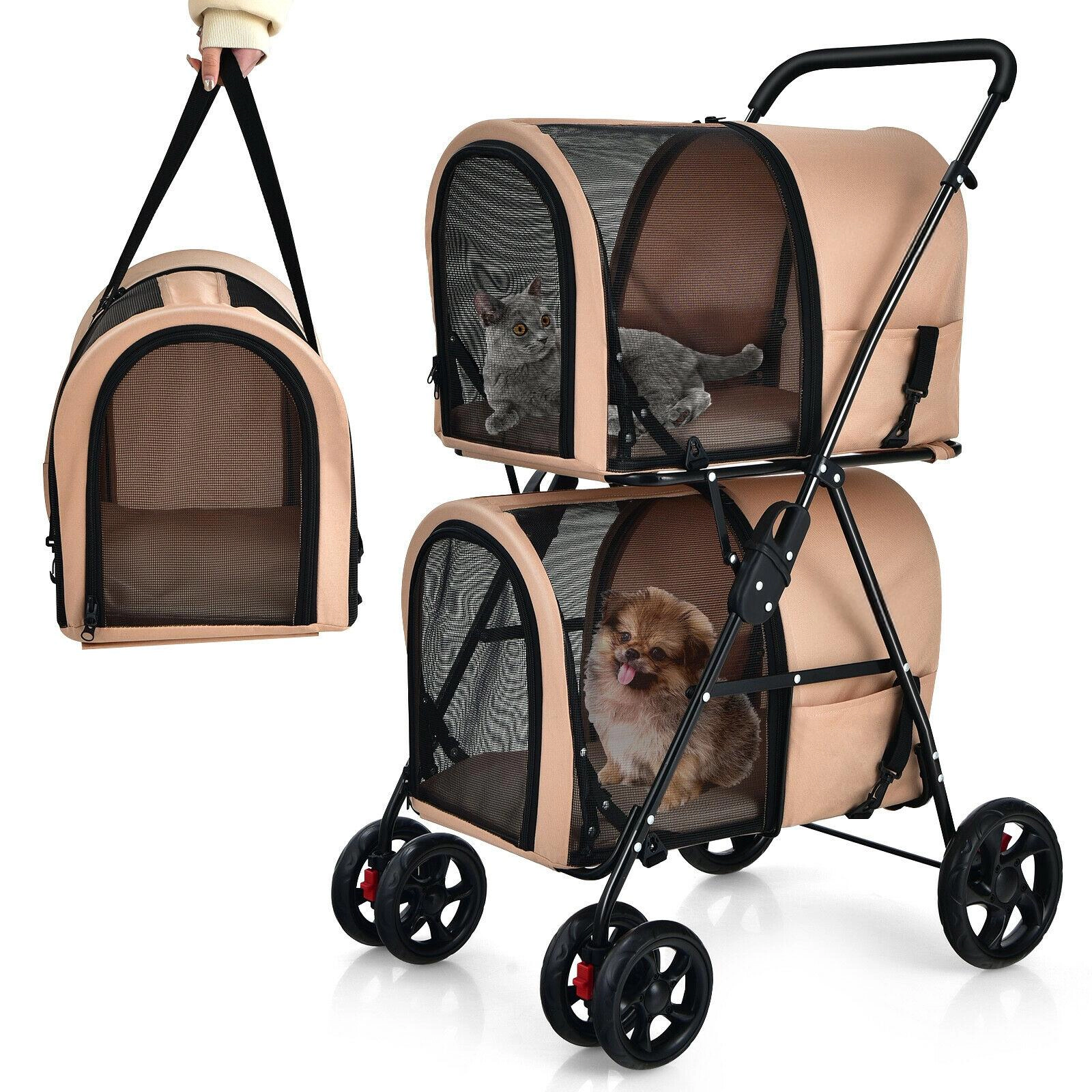 SUGIFT 20 x 41.5-in 17-lb Per Carrier Capacity Beige 4-in-1 Double Pet Stroller with 2 Detachable Carriers
