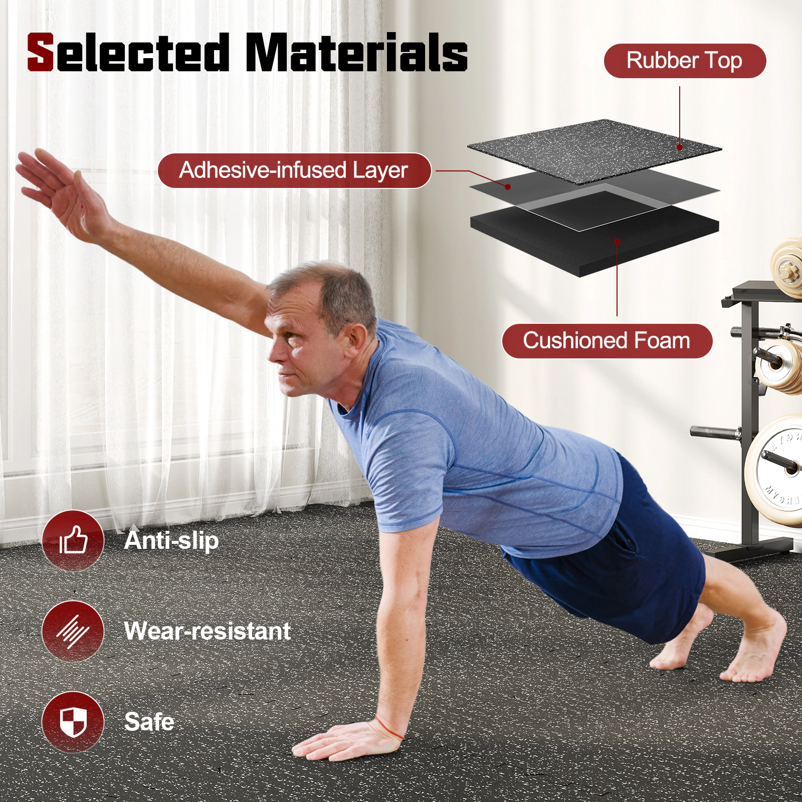 SUGIFT 0.79-in Extra Thick 12-Tile 48-sq ft Rubber Top Interlocking Workout Exercise Mat with Borders
