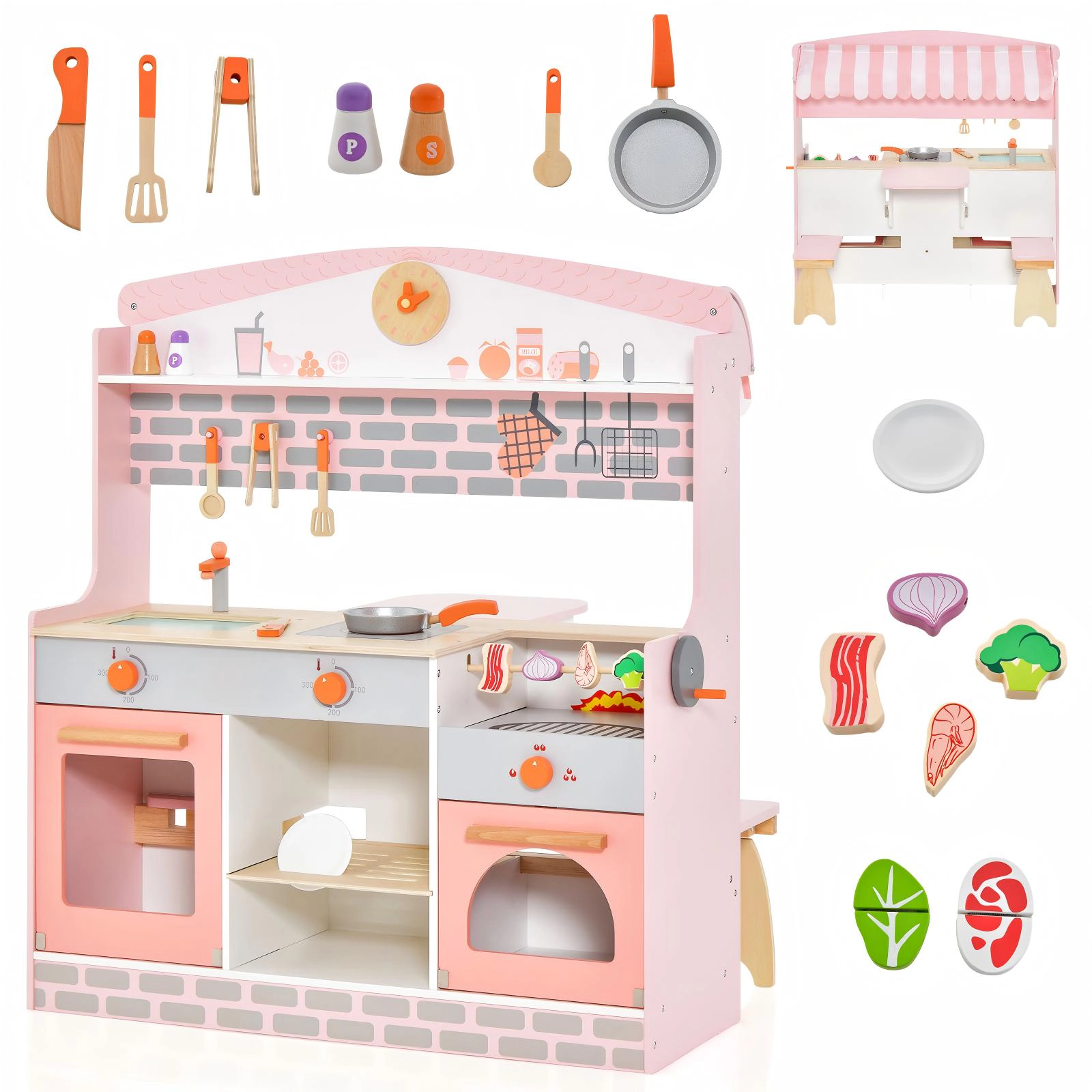 SUGIFT Double-Sided Kids Play Kitchen and Diner Set with Canopy, 2 Seats and 14 Accessories 31-in Tall Pink