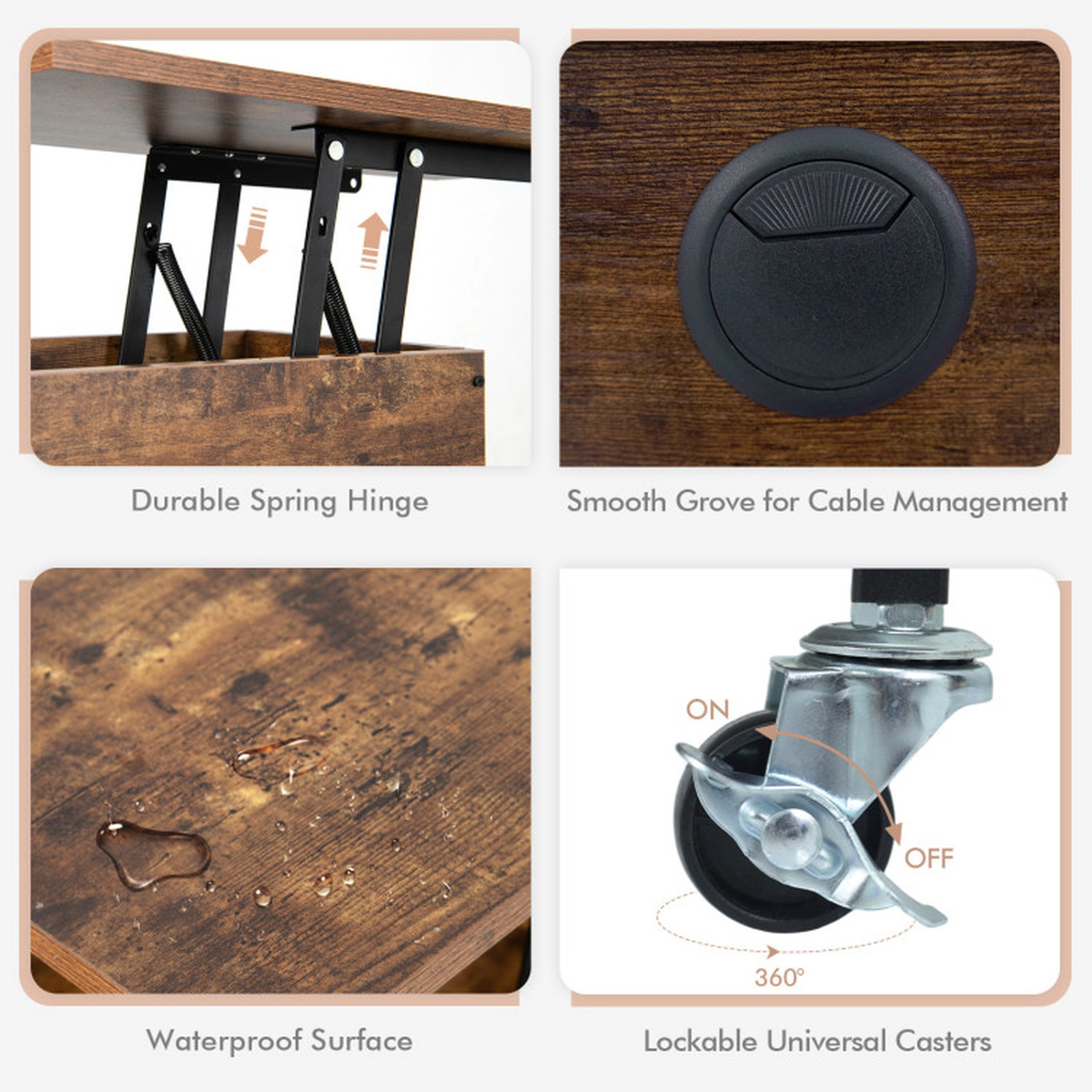 SUGIFT Narrow Lift Top End Table with Charging Station and Wheels 121-lb Capacity Rustic Brown