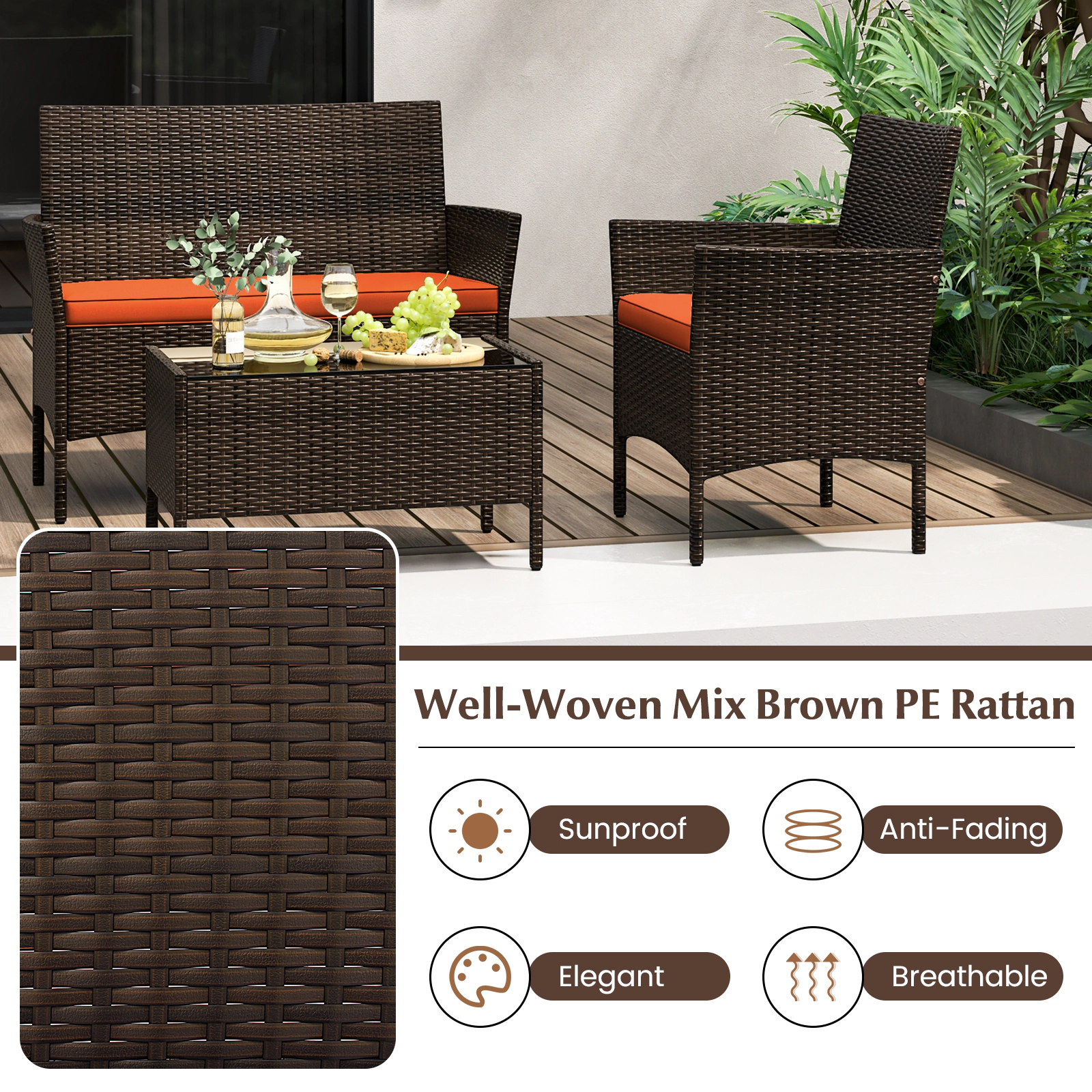 SUGIFT Patio Conversation Set with Cushions 800-lb Loveseat 400-lb Chair Capacity Mix Brown Rattan Orange Cushions