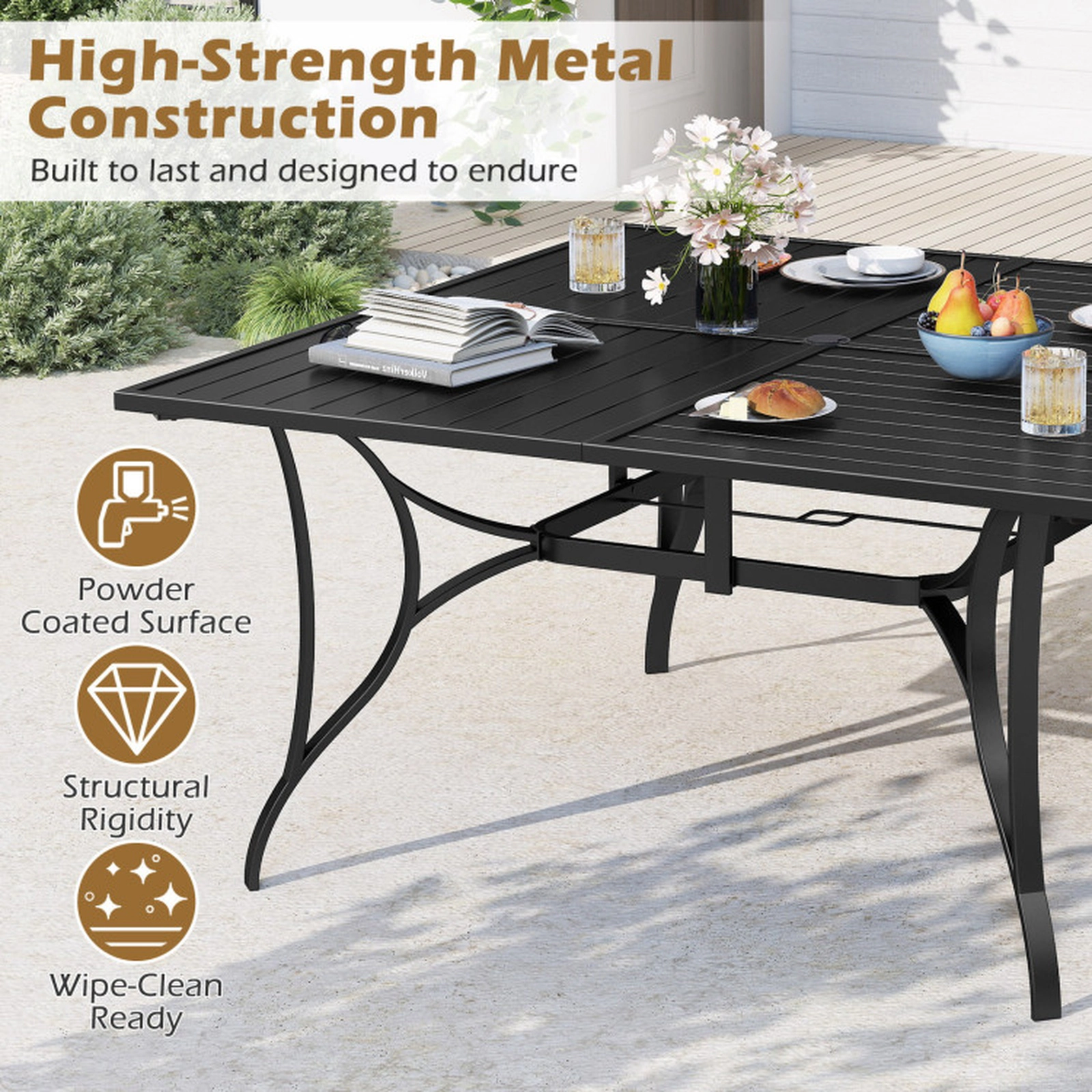 SUGIFT 8-Person Metal Slatted Top Umbrella Hole Square Patio Dining Table 60-in x 60-in x 30-in 330-lb Capacity Black
