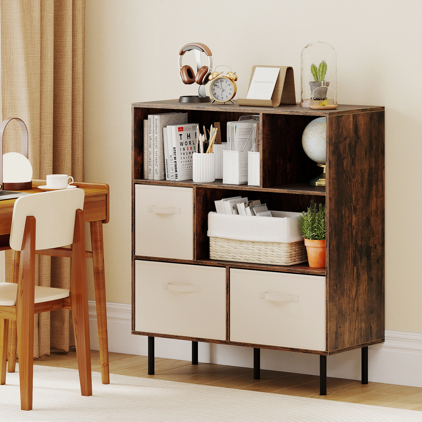 SUGIFT 6-Cube Bookshelf with 3 Removable Folding Fabric Drawers 330-lb Capacity Rustic Brown
