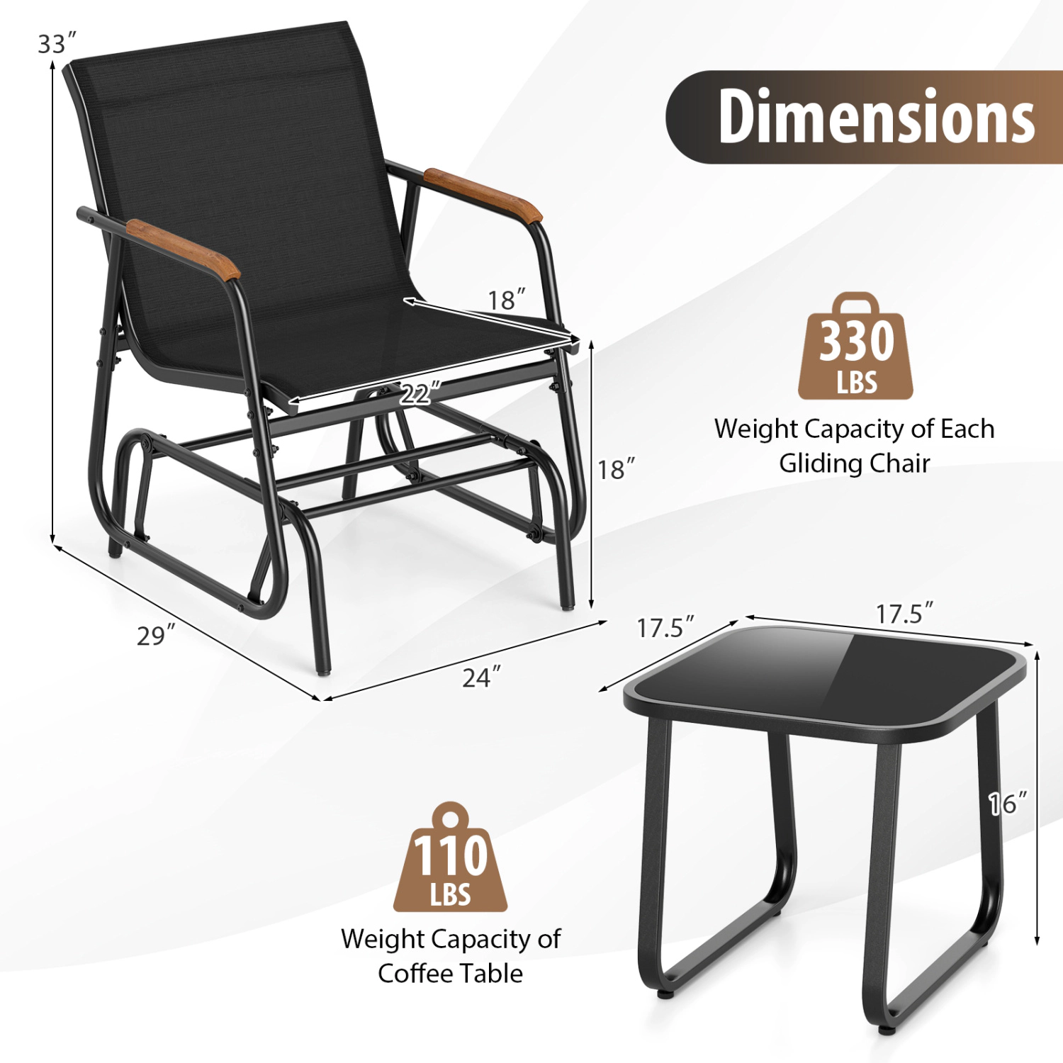 LJG 3-Piece Outdoor Glider Bistro Set with Tempered Glass Top and Metal Frame