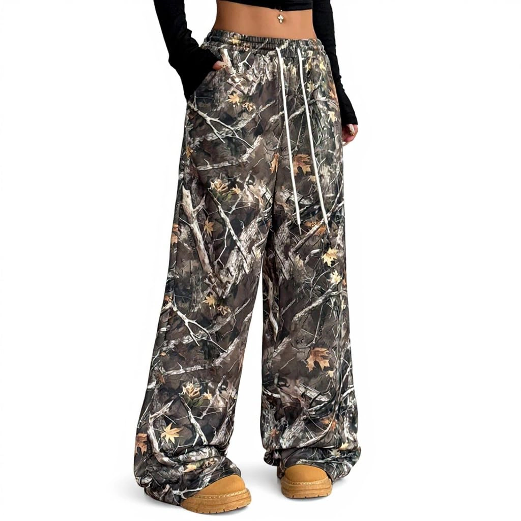 KOJOOIN Women's Camo Wide Leg Pants Y2K Baggy Sweatpants Vintage Streetwear Camoflage Trousers
