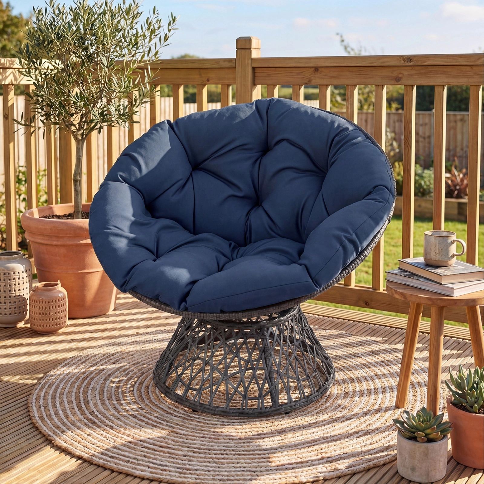 SUGIFT Navy Blue Swivel Papasan Chair, 350 lb Capacity, PE Rattan, 4-Inch Cushion