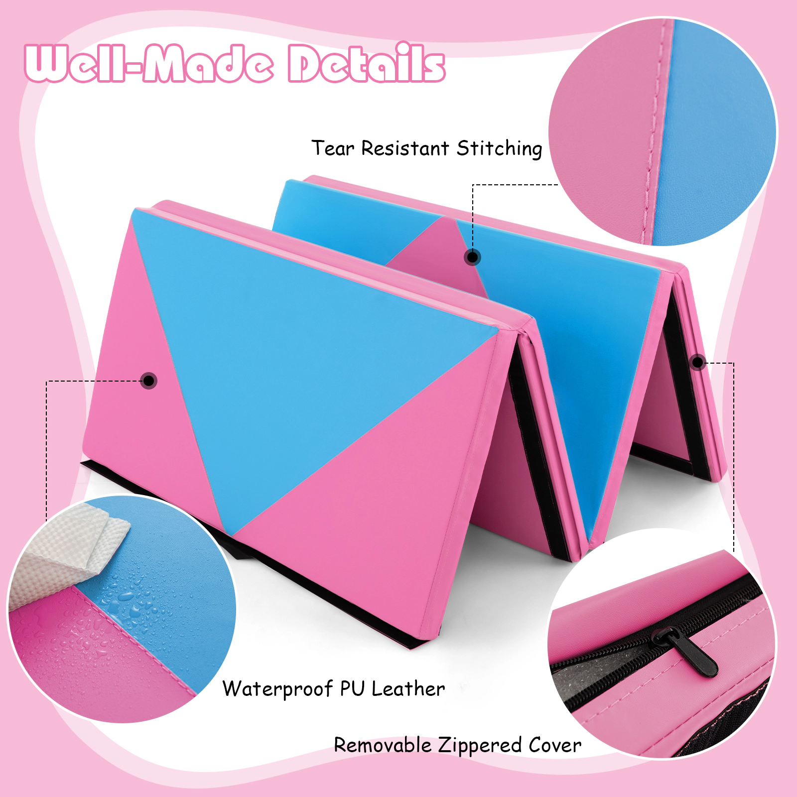 SUGIFT Pink and Blue 4-Panel Folding Gymnastics Exercise Mat with Hook and Loop Fasteners 8-ft W 4-ft D 2-in H