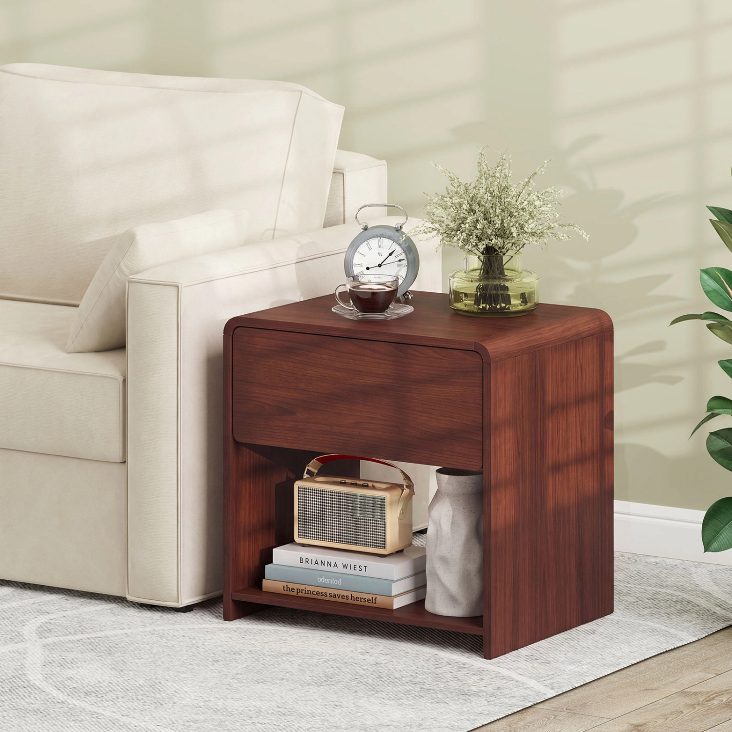Glintex 2-Tier Nightstand with Concealed Handle Color-Block Front and Open Shelf, Oak