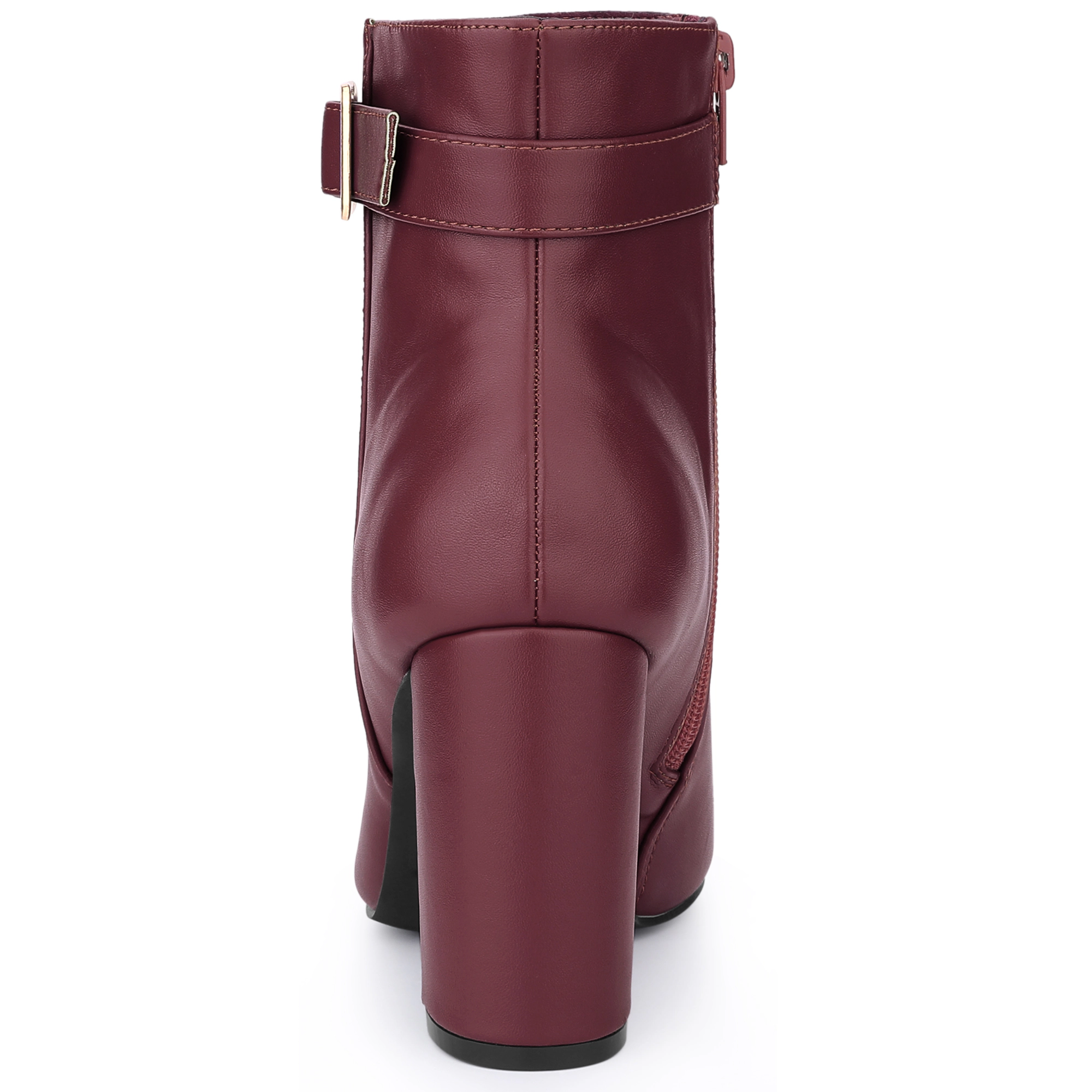 BLISSFUL STEP Women Leather Pointed Toe Buckle Decor Block Heel Ankle Booties
