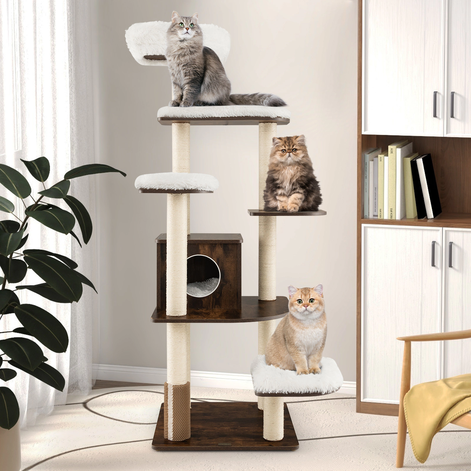 SUGIFT 71-in 7-Layer Wooden Cat Tree Tower with Self-Groomer Massage Comb Condo and Sisal Posts