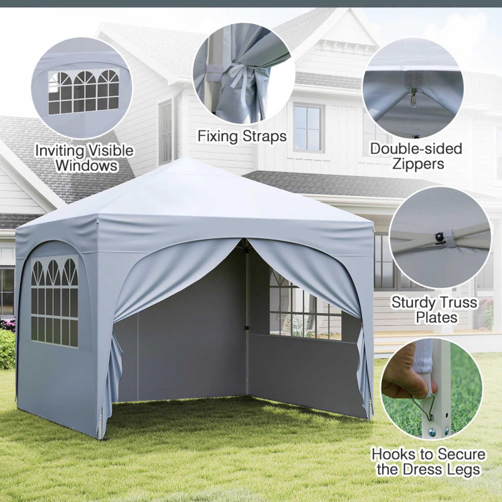 SUGIFT White 10-ft by 10-ft 3-Level UPF50+ Water-Repellent Oxford Pop Up Canopy Tent with 4 Removable Sidewalls