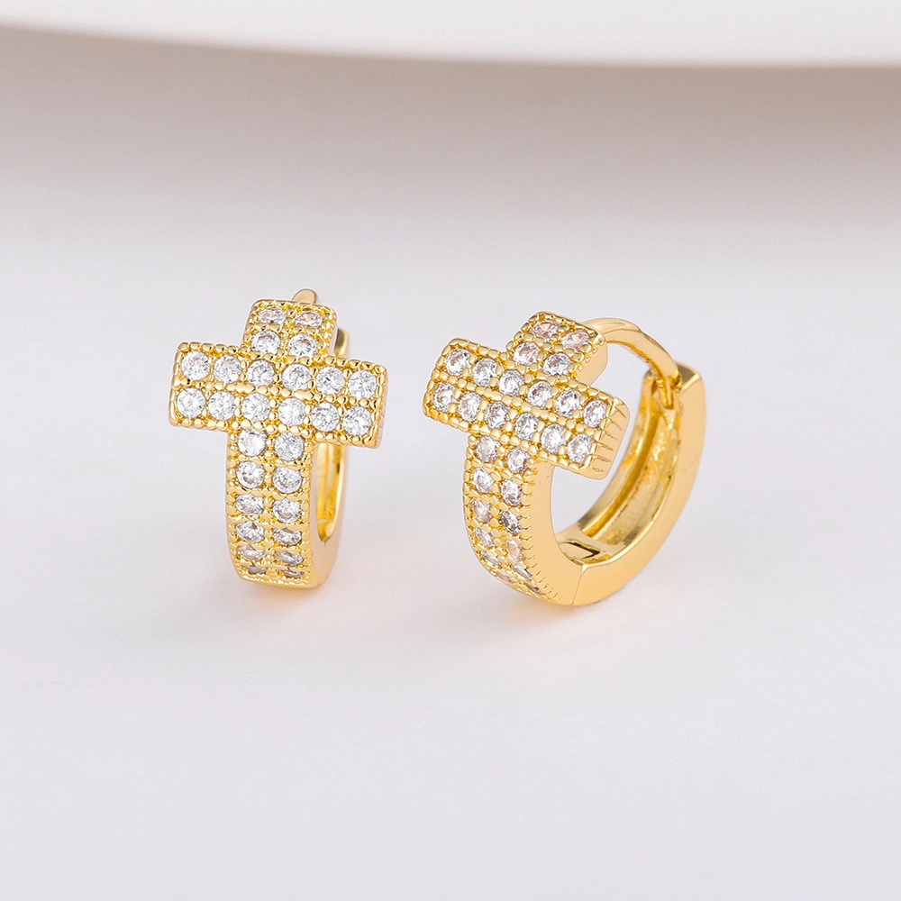 Pave Cubic Zirconia Gold Plated Cross Huggie Earring
