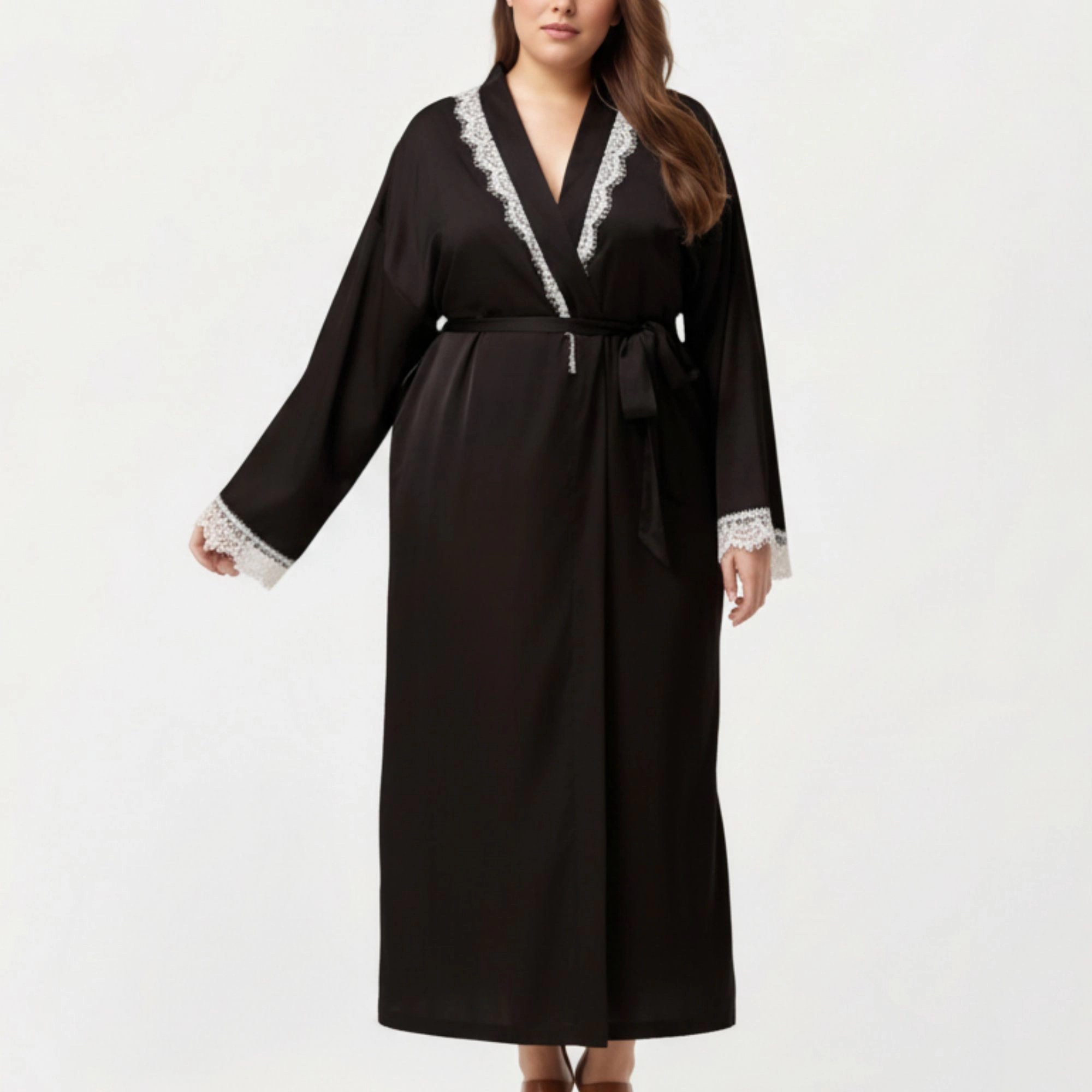 Anna-Kaci Women's Plus Long Robe Lace Trim on Collar and Cuffs Featuring Soft Flowing Fabric Adjustable Belt