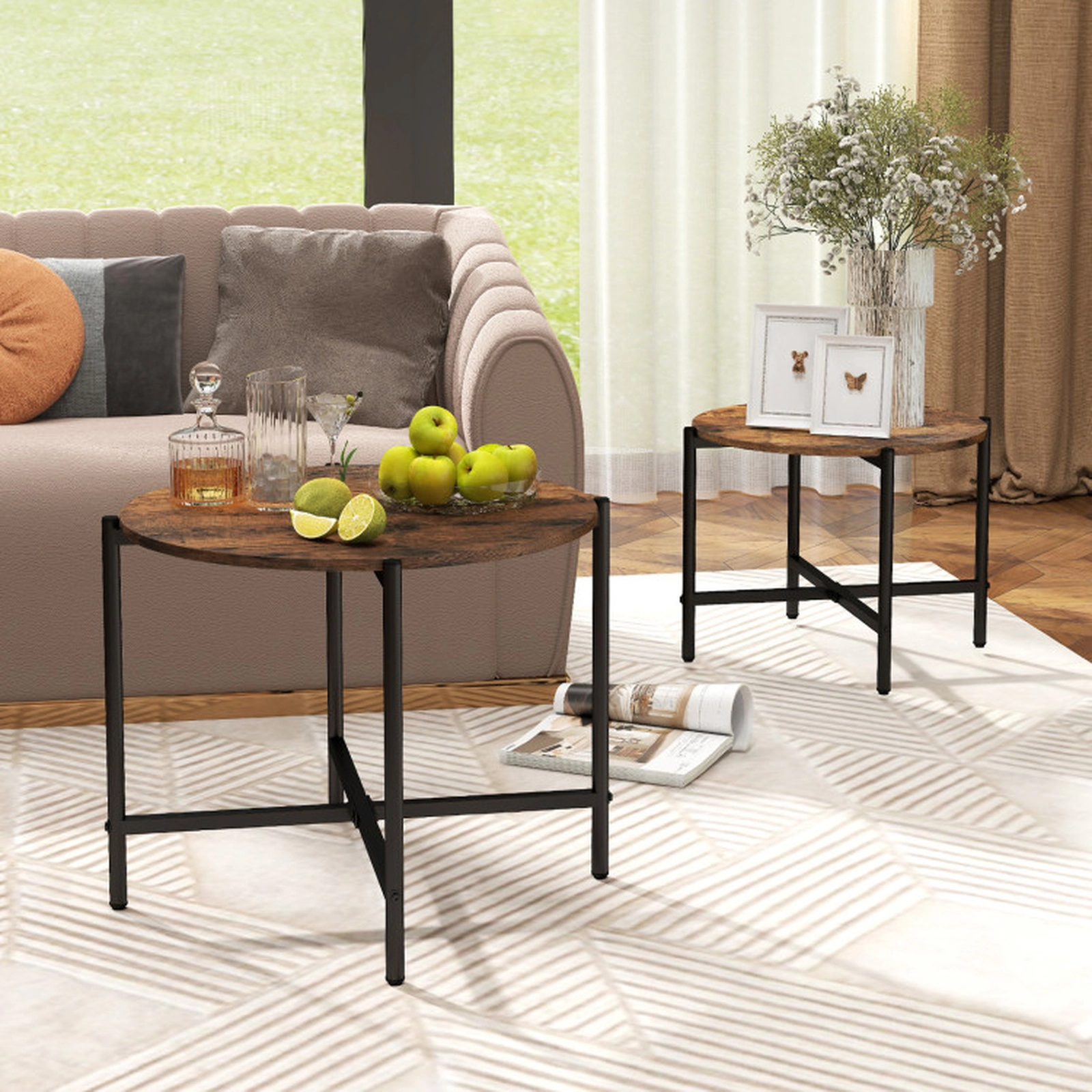 SUGIFT Set of 2 Round Nesting Cross Metal Frame Wood Coffee Tables 25.5-in Dia x 20-in H 200-lb Capacity Rustic Brown