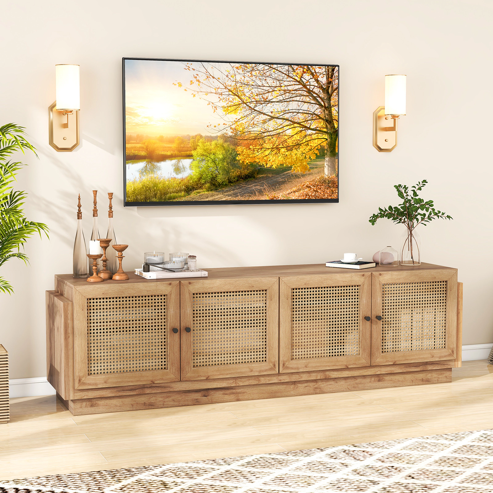 SUGIFT Farmhouse TV Stand with PE Rattan Doors for TVs up to 75 Inches 220-lb Tabletop Capacity Oak