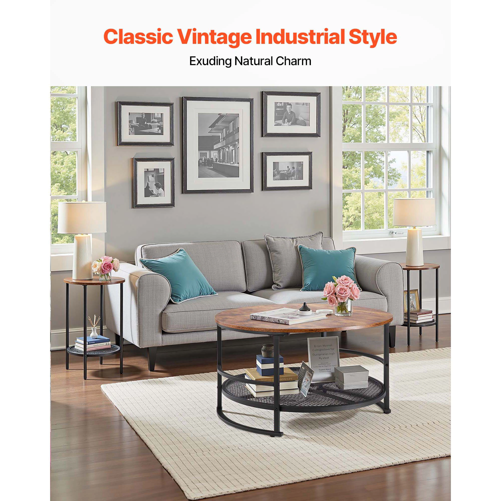 HONGGE 3-Piece Round Coffee Table Set with 2 End Tables, Industrial Wood & Metal Storage Shelf Table Set for Living Room