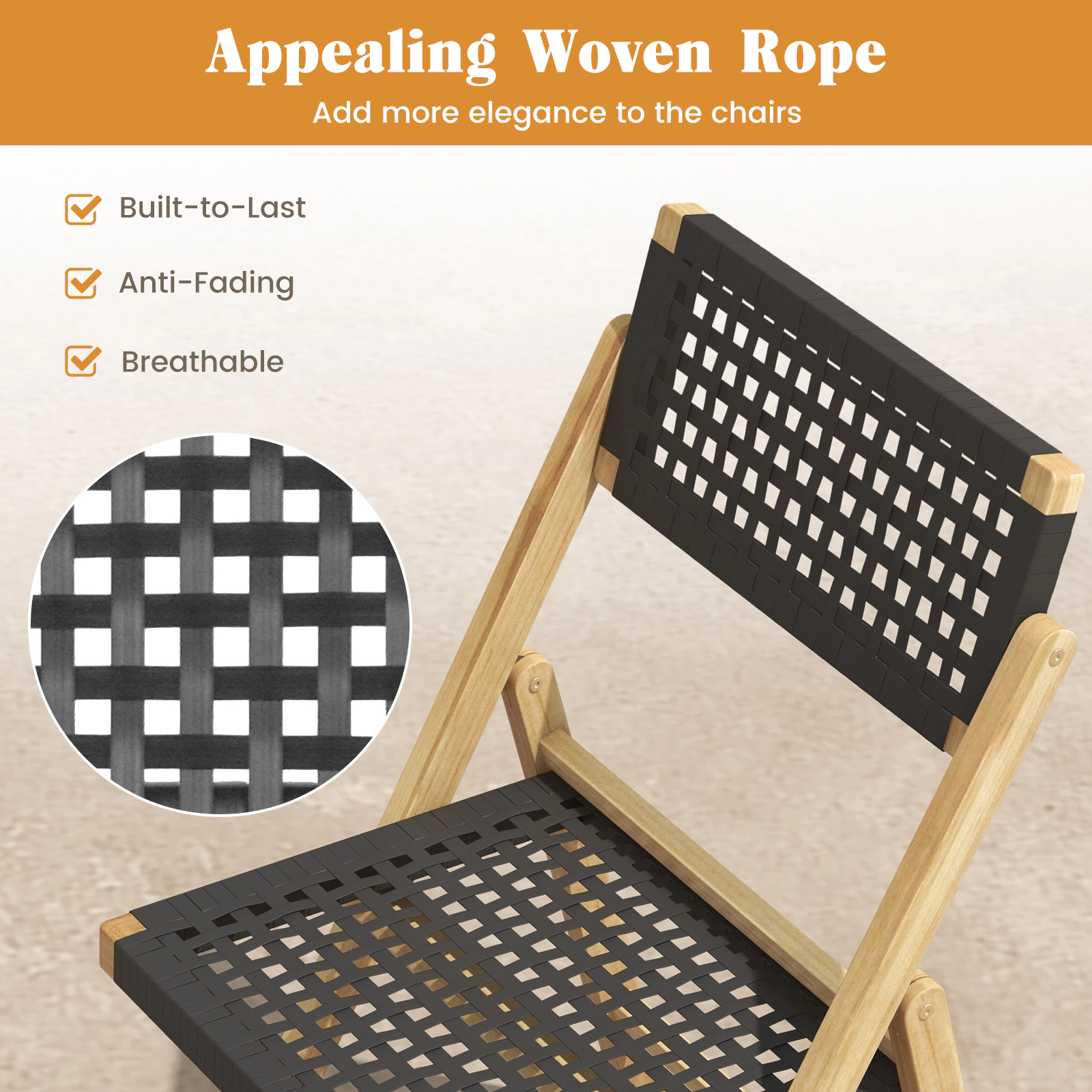 SUGIFT Set of 2 Natural Folding Teak Dining Chairs with Woven Rope Seat 23-in W 34-in H 220-lb Per Chair