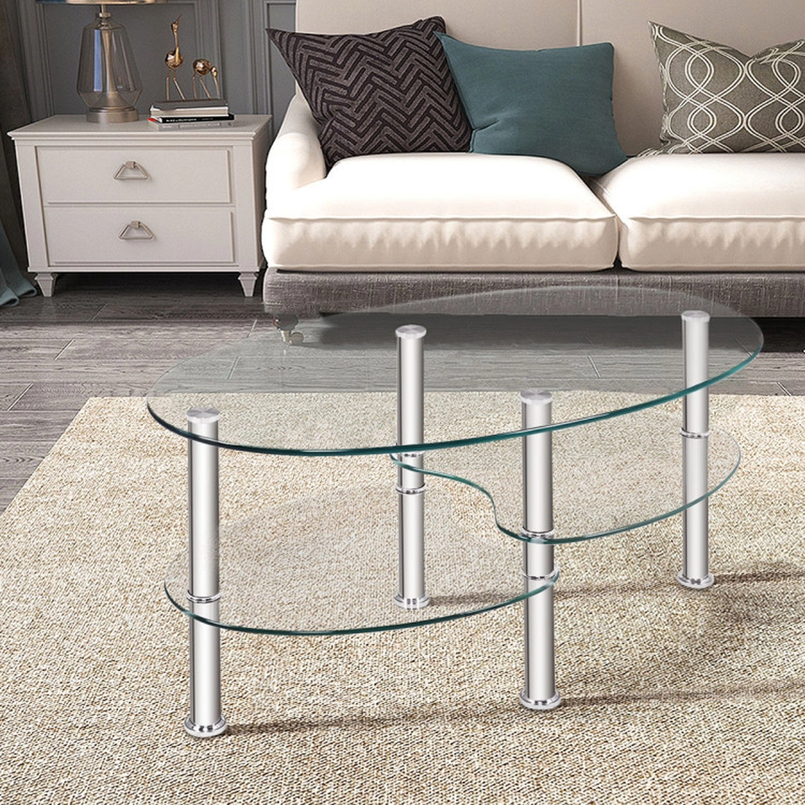 SUGIFT Tempered Glass Oval Side Coffee Table with 2 Shelves 90-lb Top Capacity 35-in Long Black/Transparent