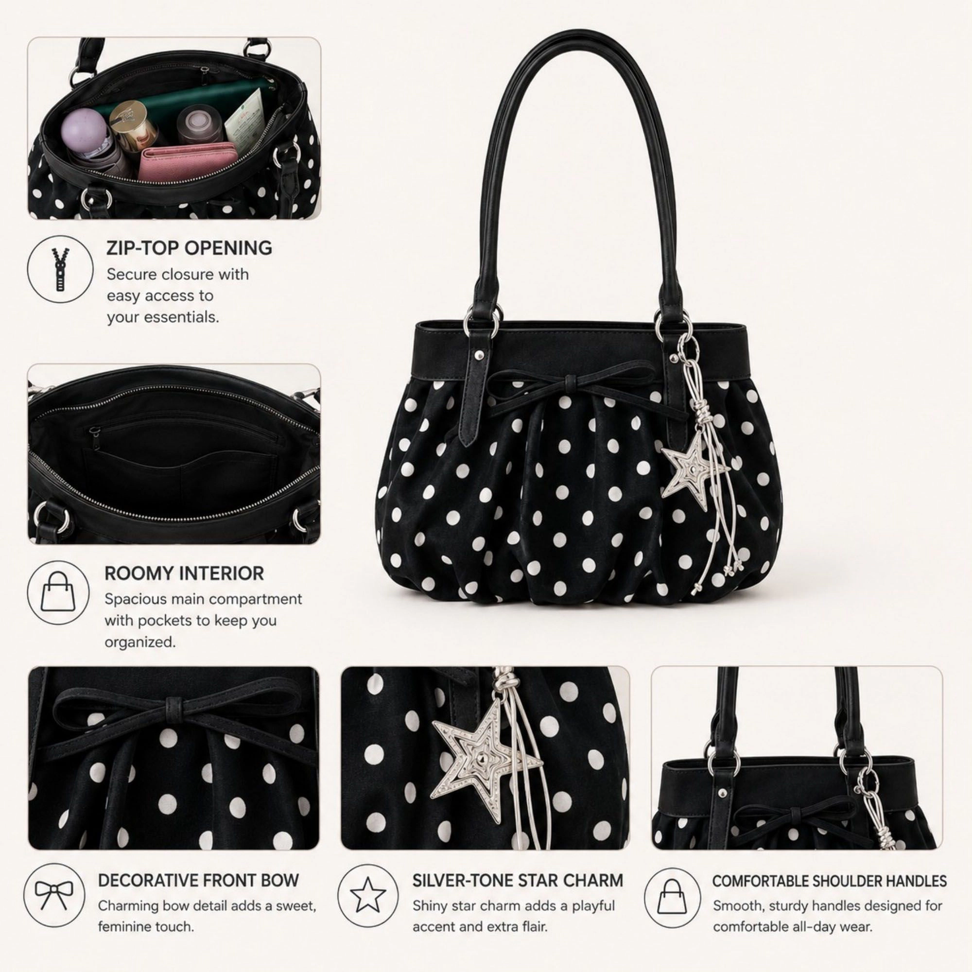 Alilang Women's Polka Dot Ruched Shoulder Bag with Bow Detail and Metal Charm