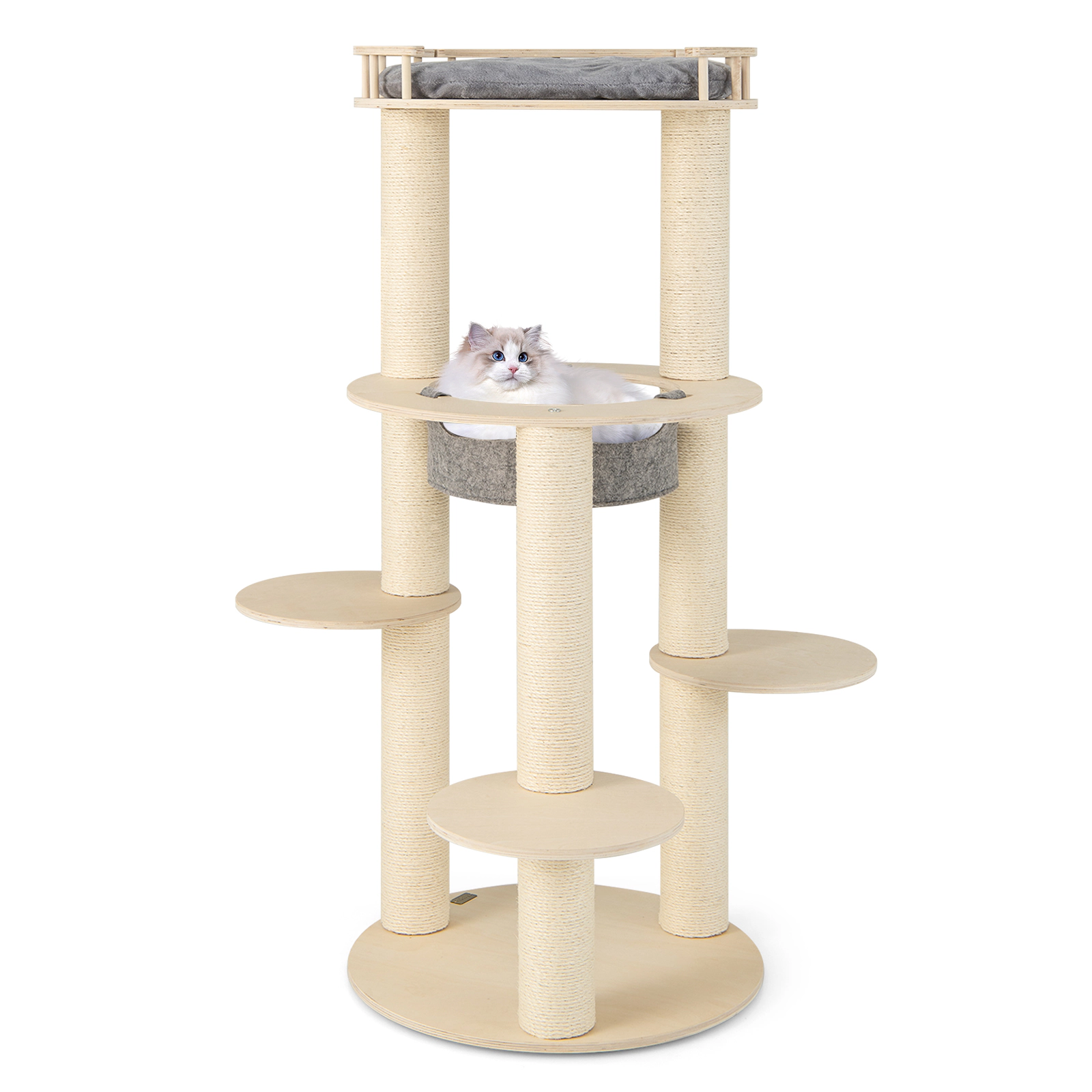 SUGIFT 59-in Tall 5-Level Wooden Cat Tree with 4.4-in Sisal Posts Fence Perch and Washable Hammock