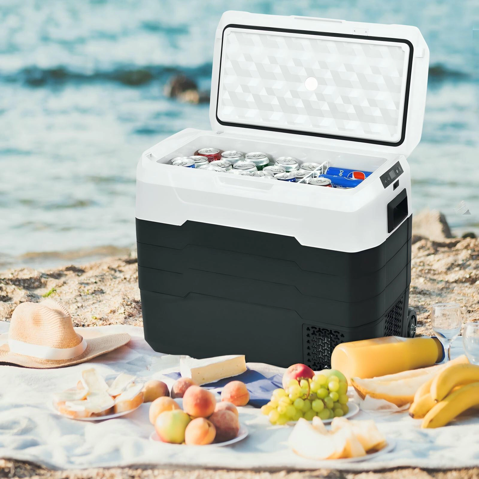 SUGIFT 42-qt 12V Dual-Zone Portable Car Refrigerator Freezer with Wheels Telescopic Handle and LED Display