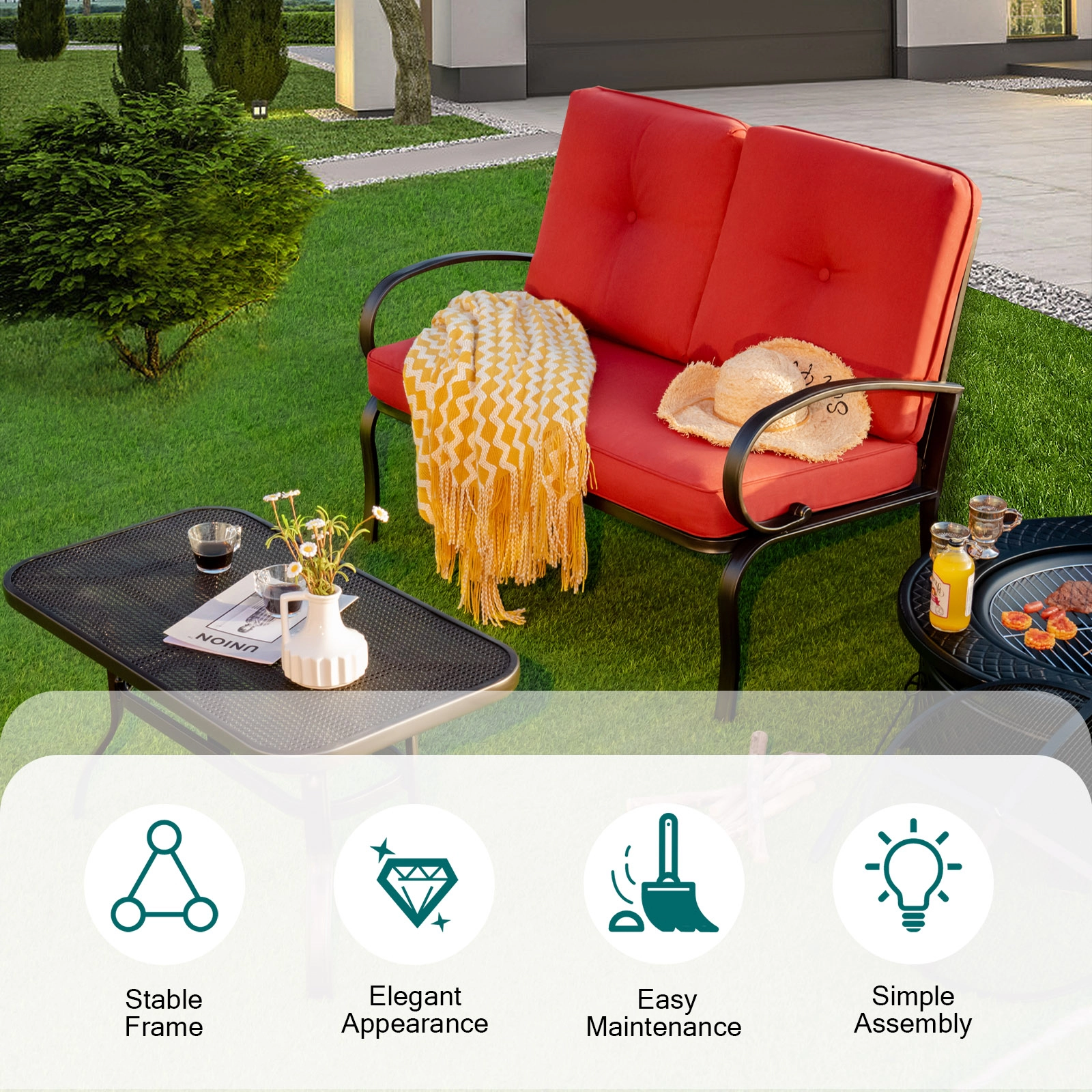 SUGIFT 2 Piece Patio Cushioned Loveseat and Coffee Table Set Red with Steel Frame
