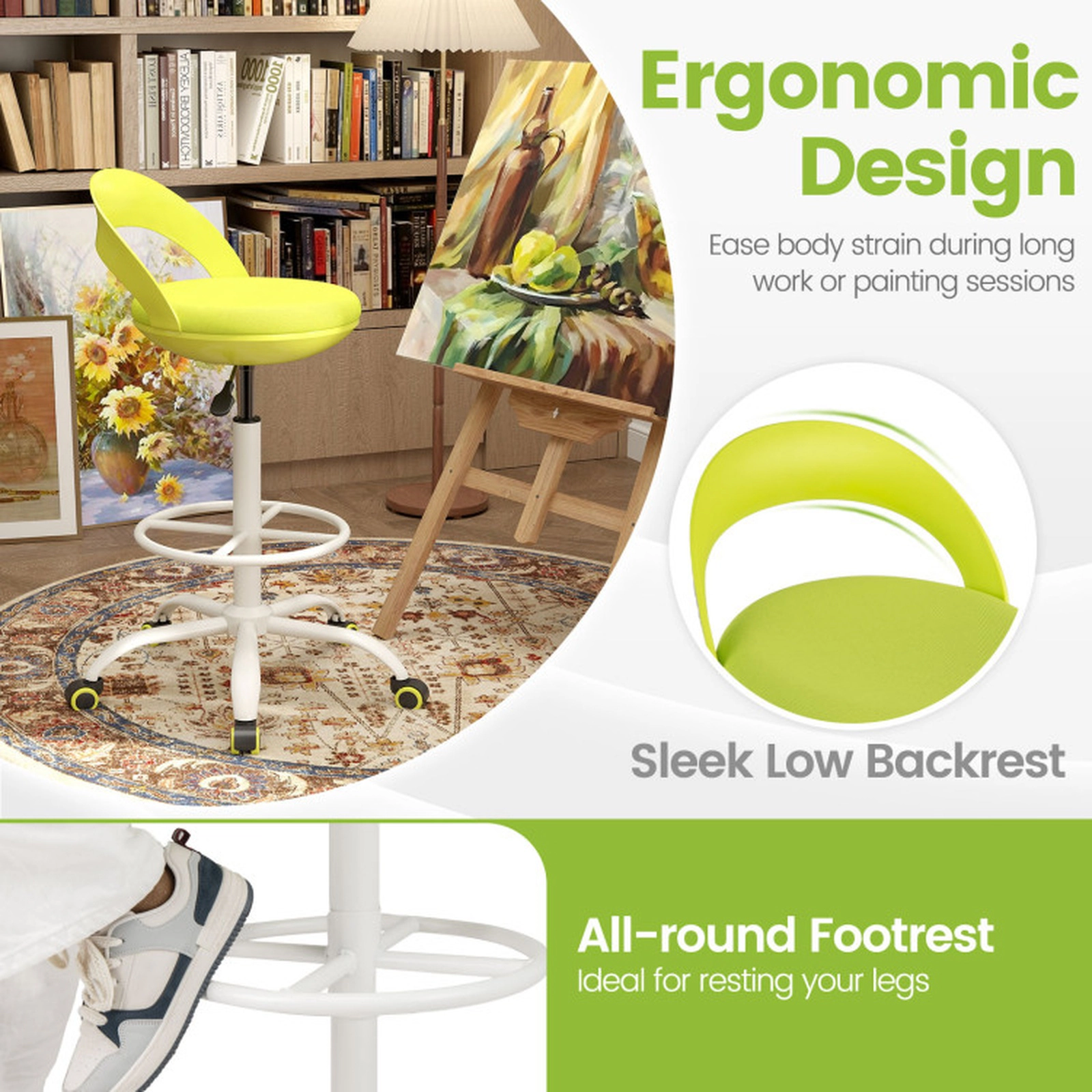 SUGIFT Adjustable Height Mesh Cushion Footrest Ring Rolling Drafting Stool 20.5-in x 18.5-in x 35-in 350-lb Green