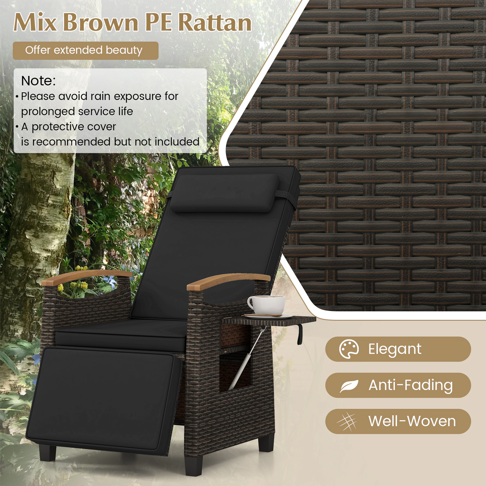 LJG Patio Wicker Recliner Chair with Adjustable Backrest and Footrest