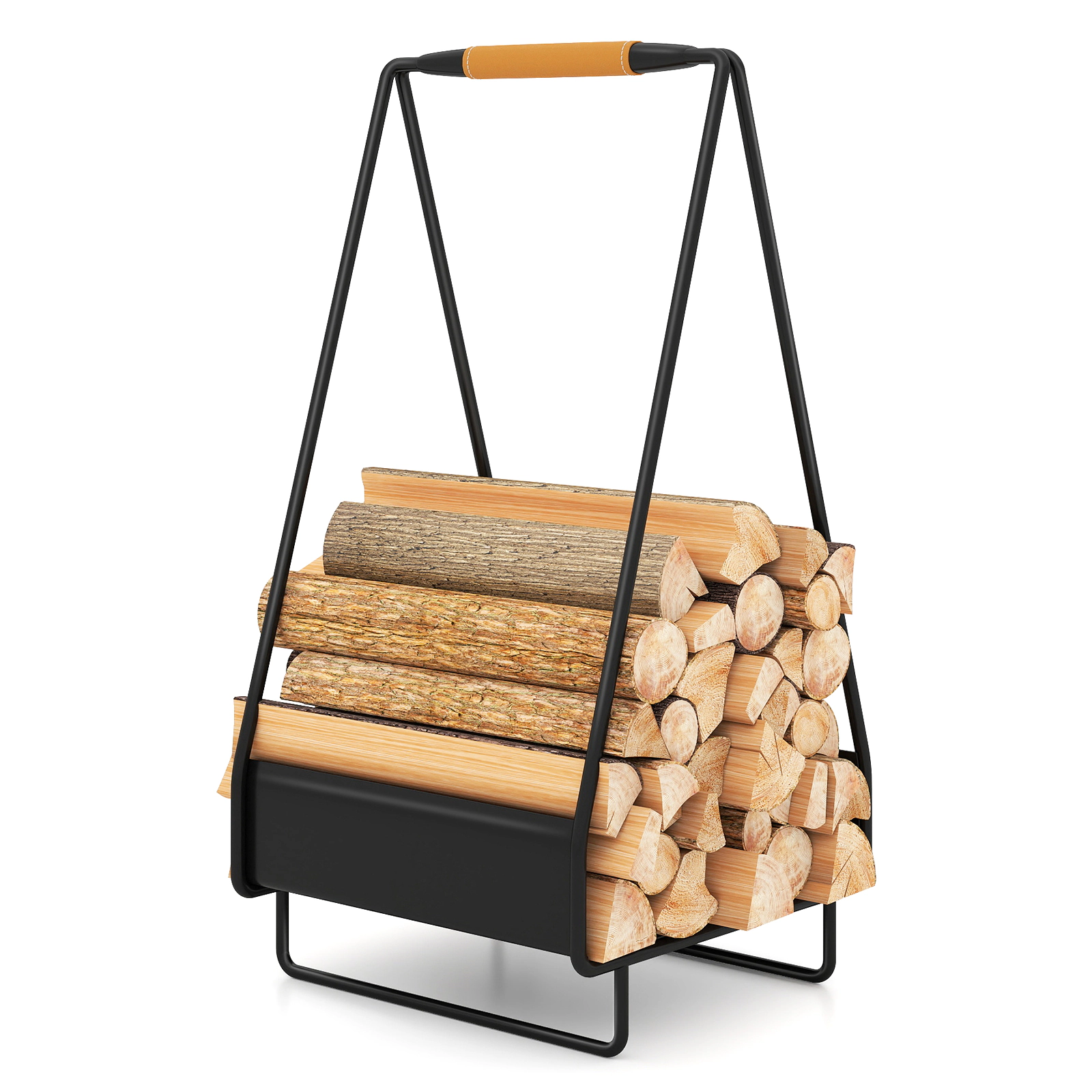 SUGIFT Metal Firewood Storage Rack with Triangle Frame 55-lb Capacity 24-in Tall Log Holder with Leather Handle