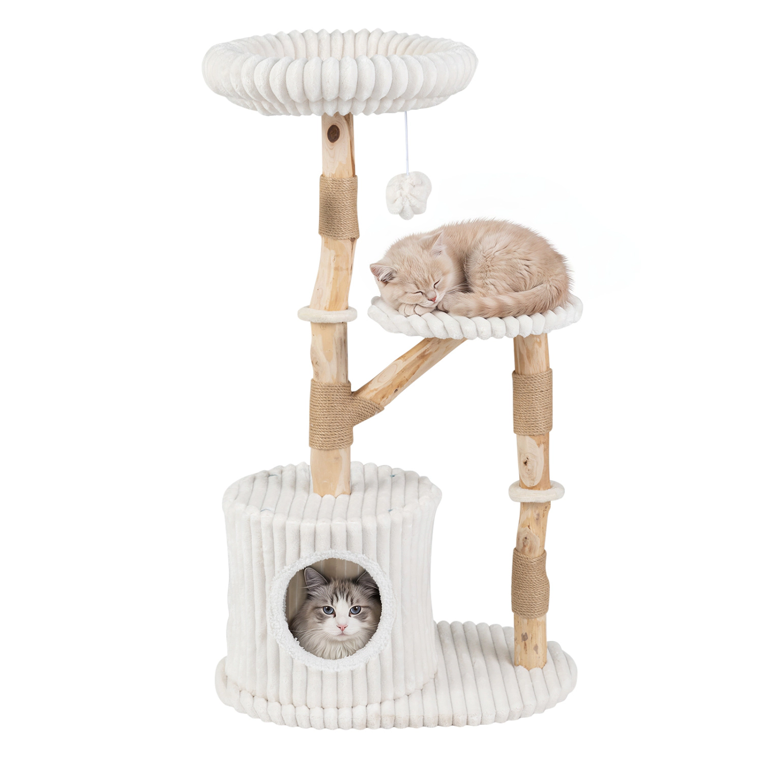 LJG Solid Wood Cat Tree 41 Inch with Real Branches & Scratching Posts and Cozy Bed