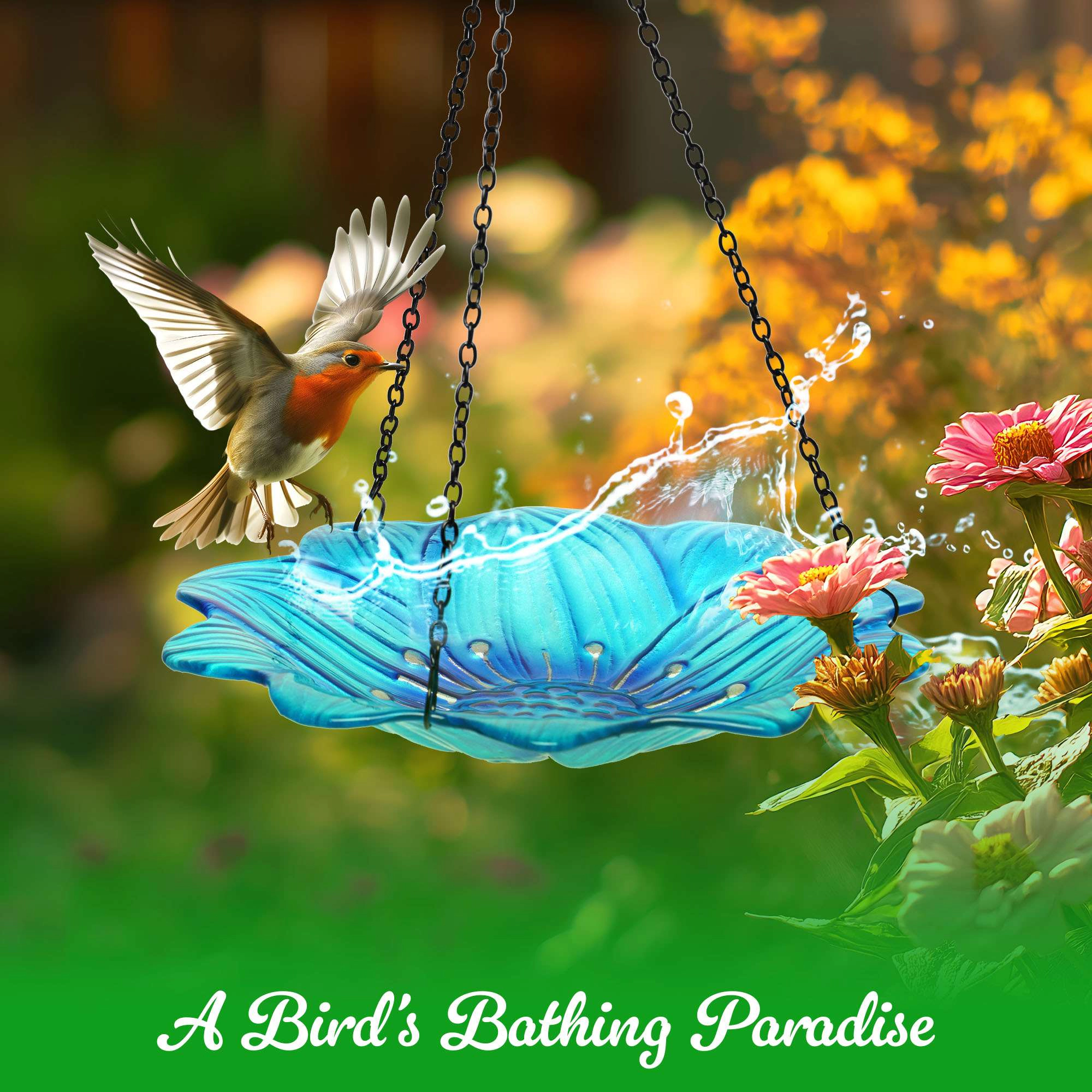 G128 10-inch Hanging Glass Bird Bath and Feeder Blue Flower Design