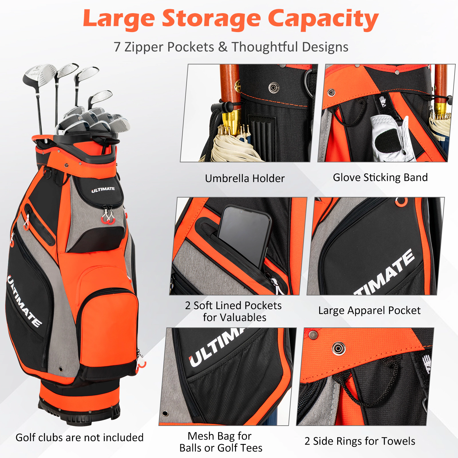 SUGIFT 10.5-in Top Golf Stand Bag with 14-Way Dividers 7 Zippered Pockets 5.5-lb Net Weight Orange/Navy