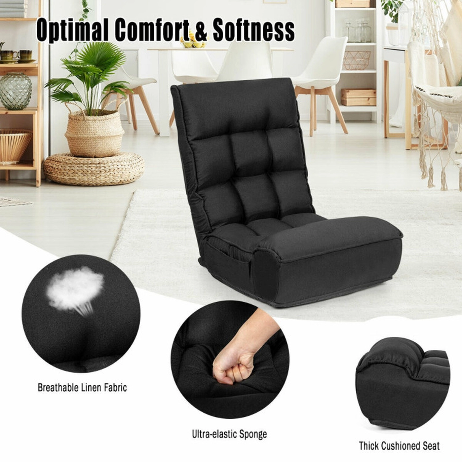 SUGIFT 4-Position Adjustable 286-lb Capacity Black Steel Frame Folding Floor Chair and Lazy Sofa
