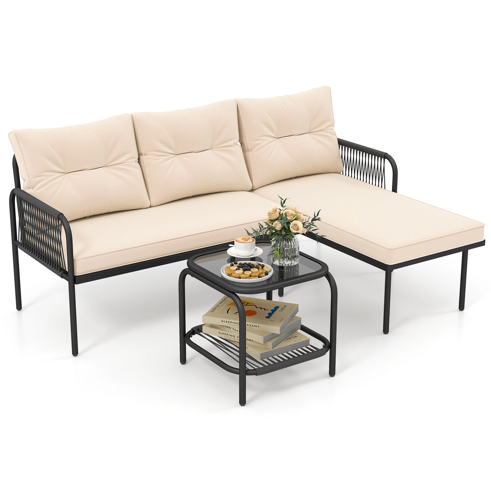 LJG 3-Piece L Shaped Patio Furniture Set PE Rattan Sectional Sofas
